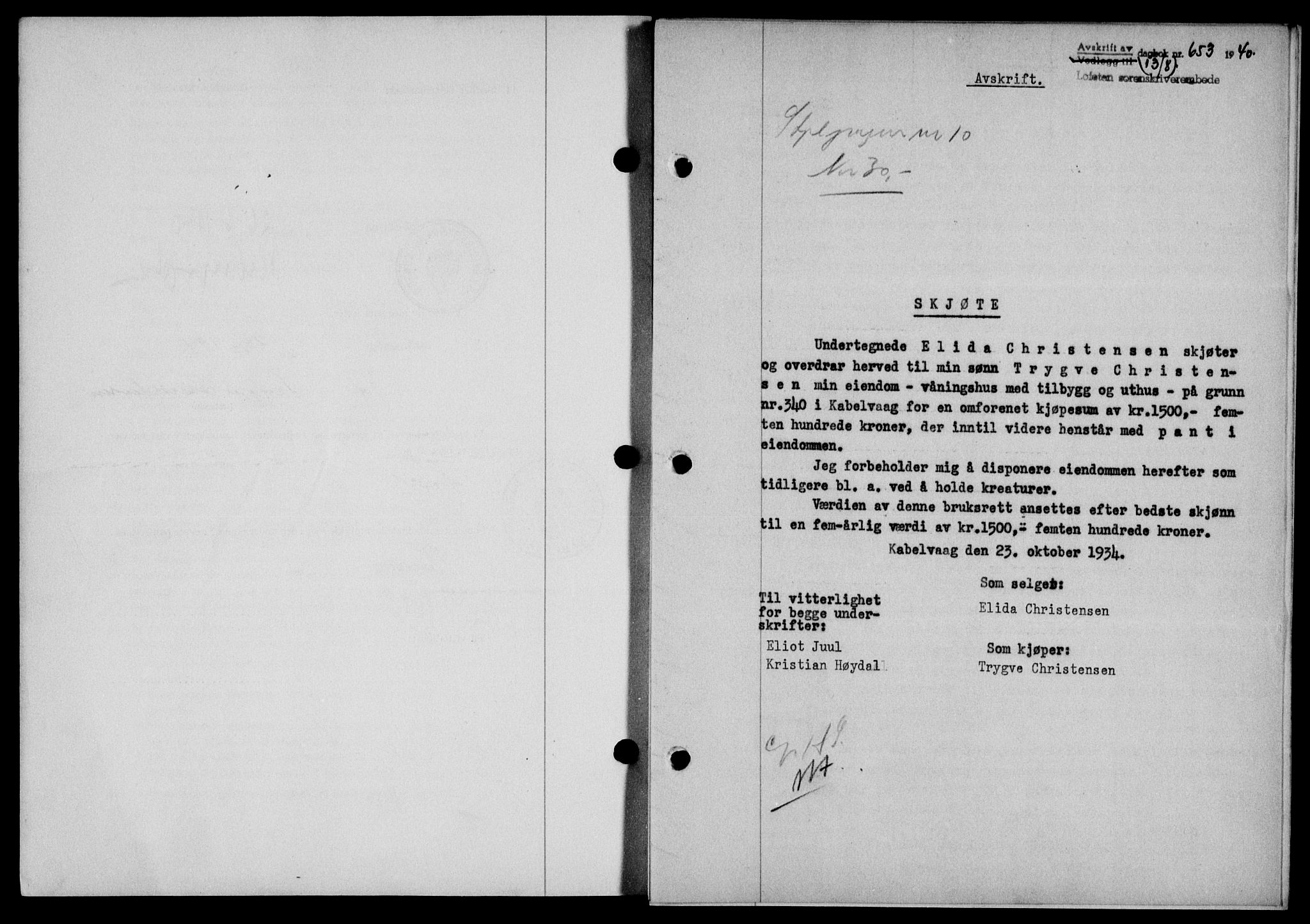 Lofoten sorenskriveri, SAT/A-0017/1/2/2C/L0007a: Mortgage book no. 7a, 1939-1940, Diary no: : 653/1940