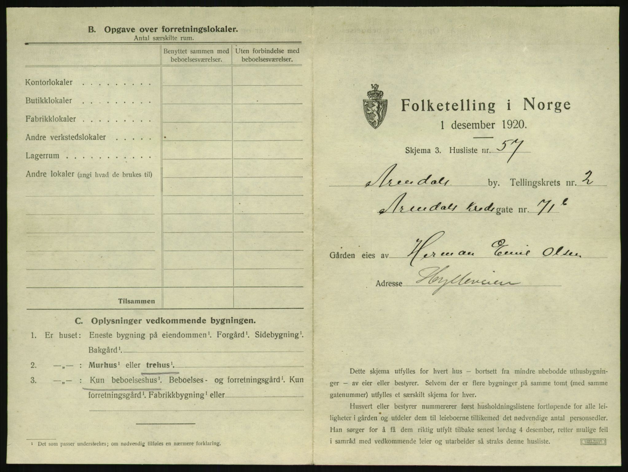 SAK, 1920 census for Arendal, 1920, p. 316