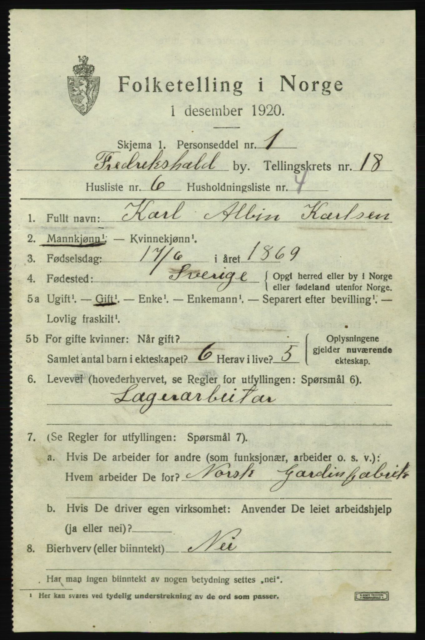 SAO, 1920 census for Fredrikshald, 1920, p. 27169