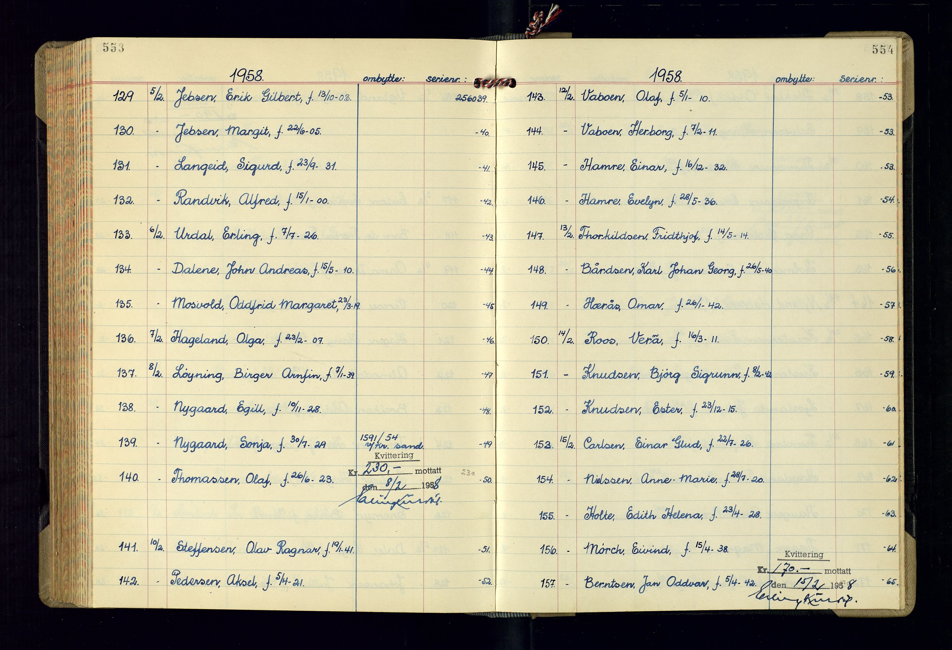 Kristiansand politikammer - 2, AV/SAK-1243-0009/K/Ka/Kaa/L0613: Passprotokoll, liste med løpenumre, 1954-1958, p. 553-554