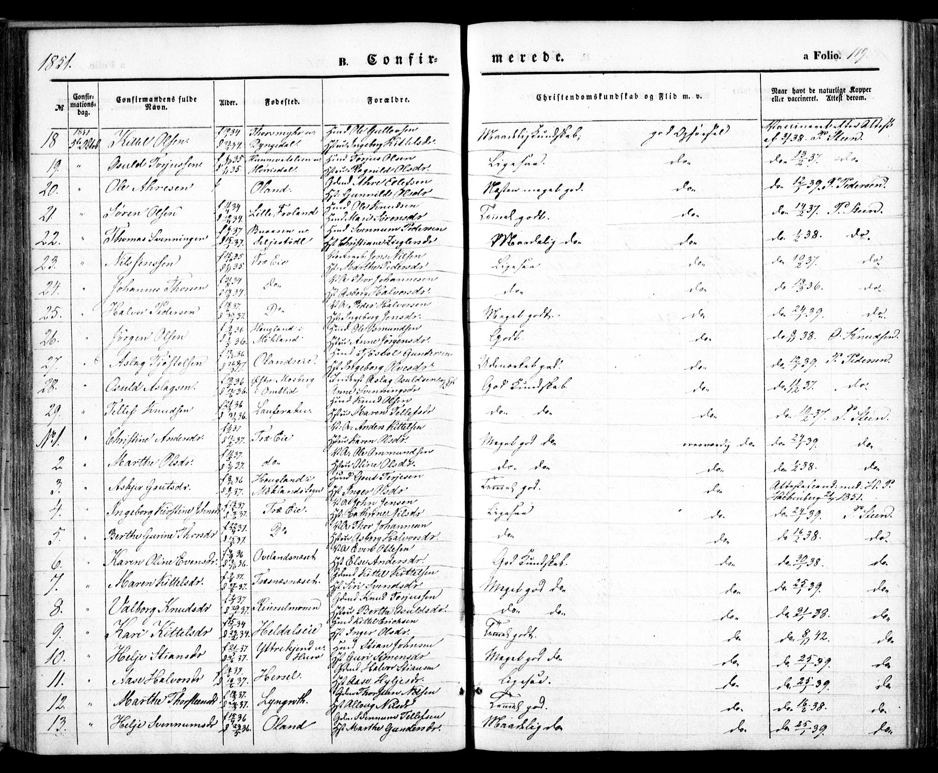 Froland sokneprestkontor, SAK/1111-0013/F/Fa/L0002: Parish register (official) no. A 2, 1845-1863, p. 119