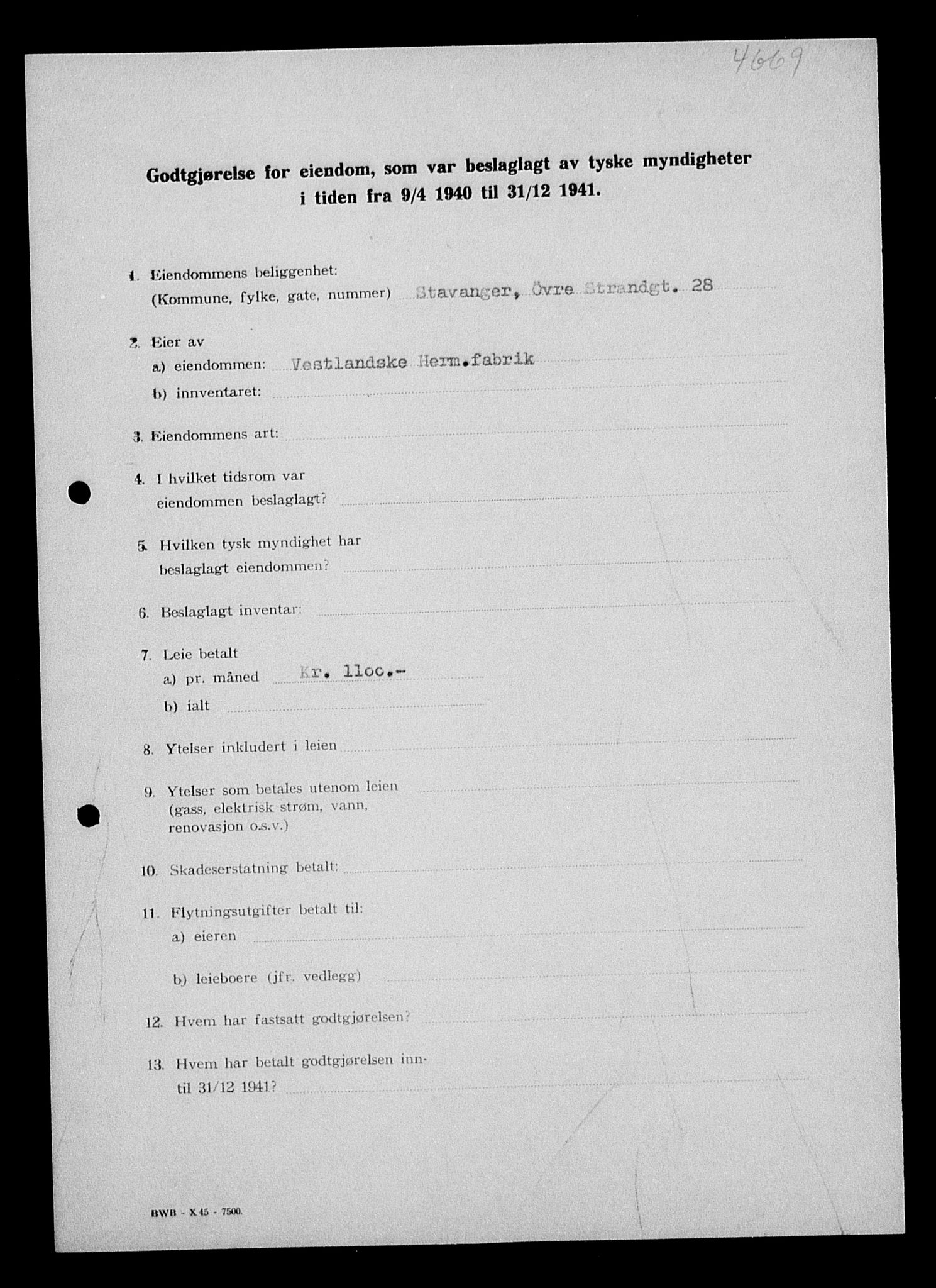 Justisdepartementet, Tilbakeføringskontoret for inndratte formuer, AV/RA-S-1564/I/L1014: Godtgjørelse for beslaglagt eiendom, 1940-1941, p. 148