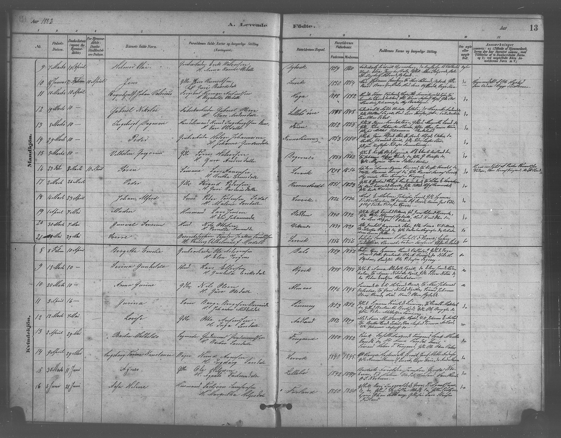 Stord sokneprestembete, SAB/A-78201/H/Hab: Parish register (copy) no. A 2, 1879-1909, p. 13