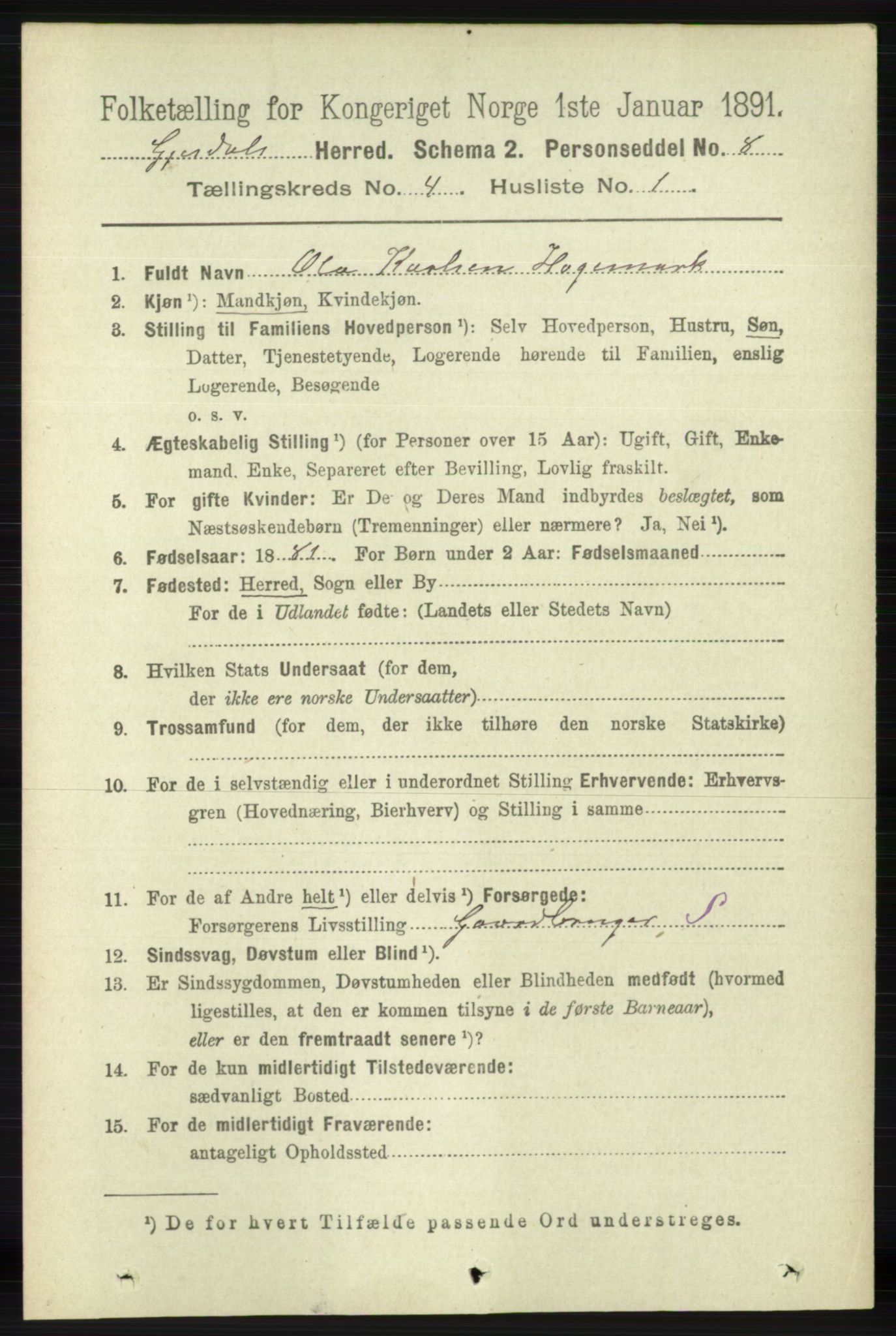 RA, 1891 census for 1122 Gjesdal, 1891, p. 1189