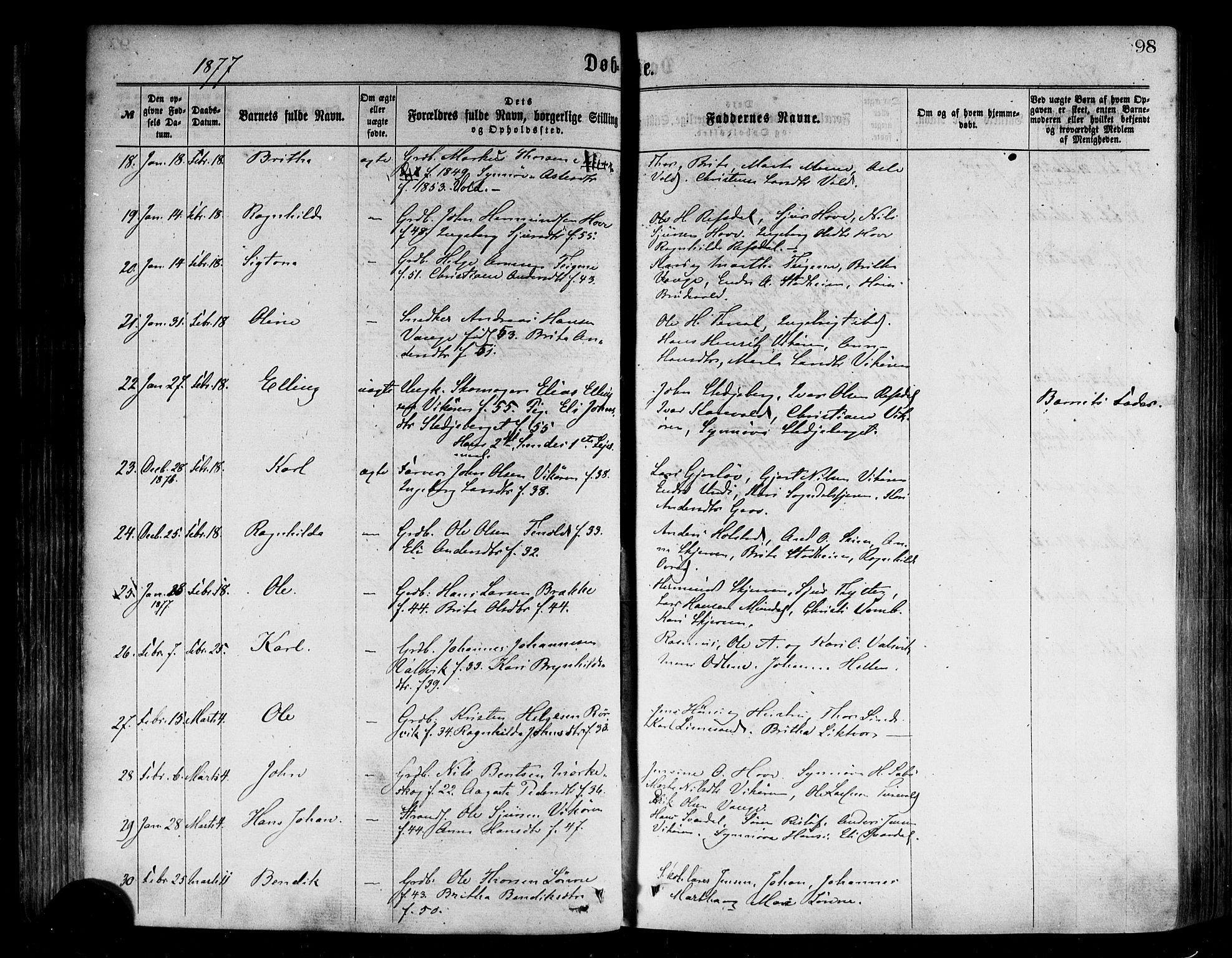 Vik sokneprestembete, AV/SAB-A-81501/H/Haa/Haaa/L0009: Parish register (official) no. A 9, 1866-1877, p. 98