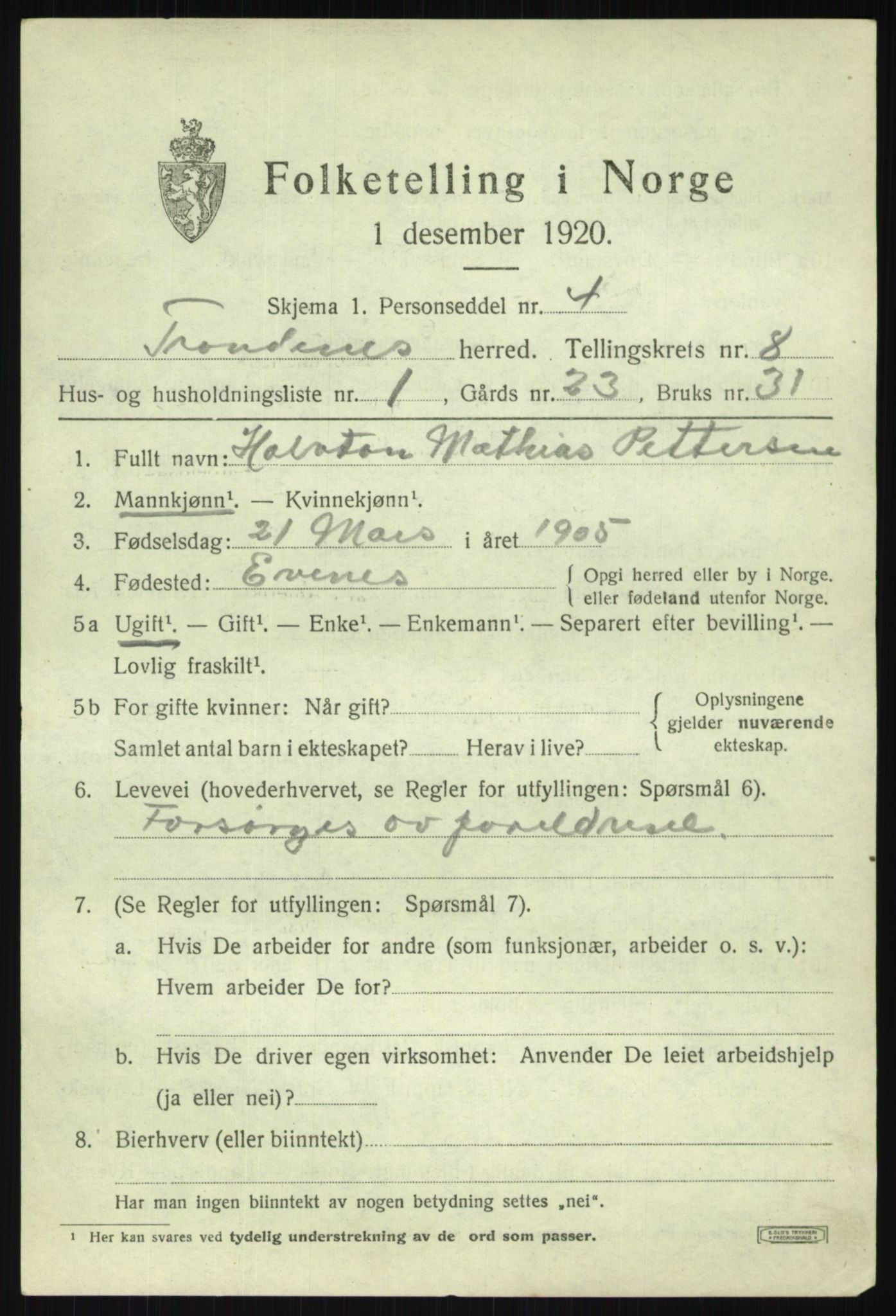 SATØ, 1920 census for Trondenes, 1920, p. 6913