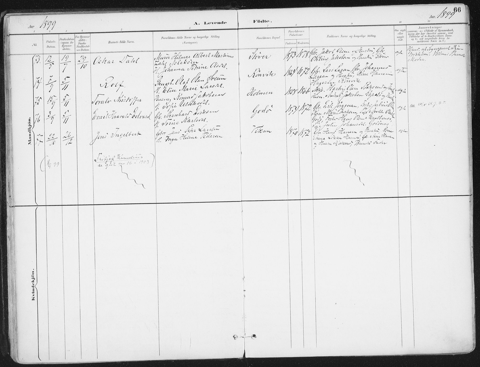 Ministerialprotokoller, klokkerbøker og fødselsregistre - Nordland, SAT/A-1459/802/L0055: Parish register (official) no. 802A02, 1894-1915, p. 66