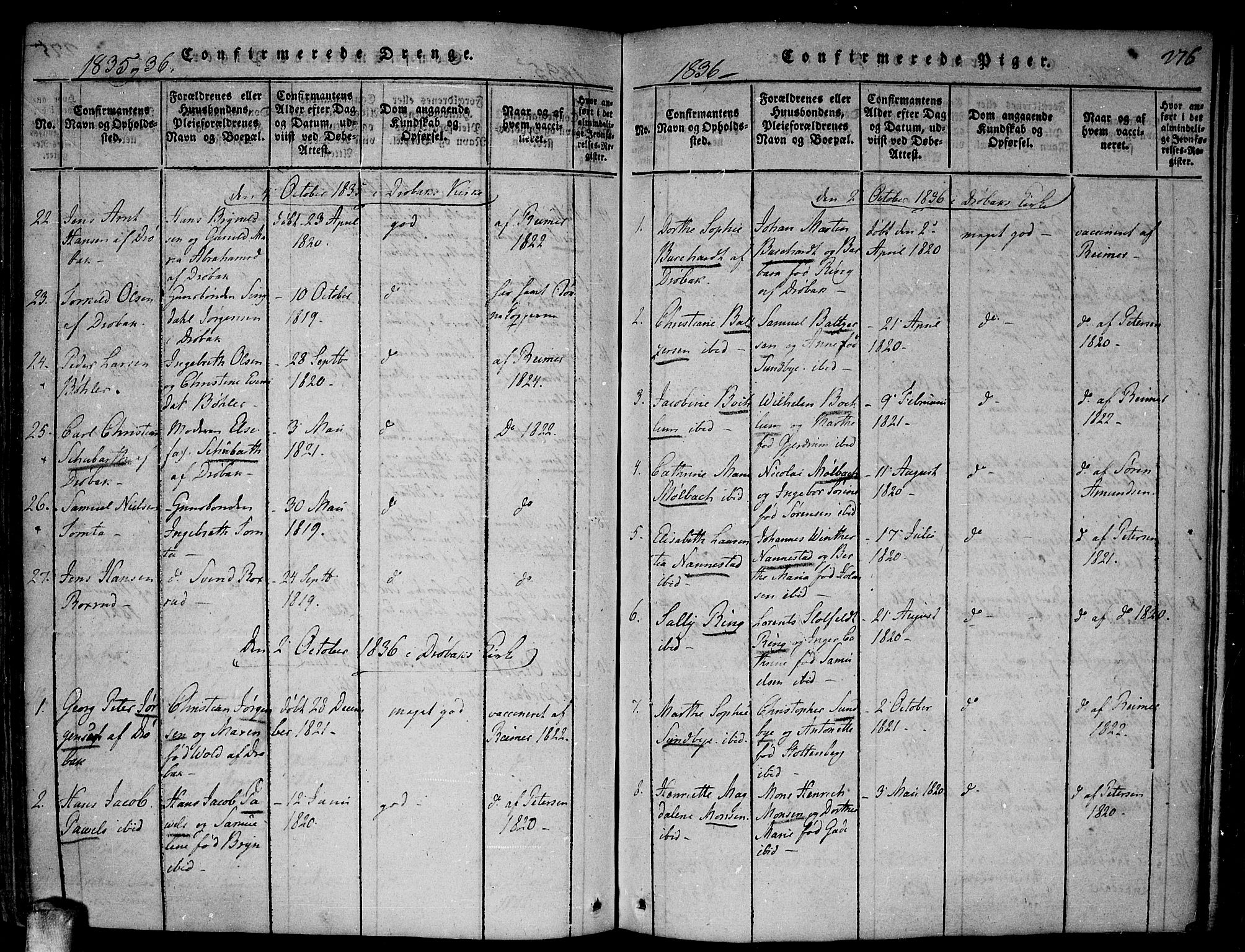 Drøbak prestekontor Kirkebøker, SAO/A-10142a/F/Fa/L0001: Parish register (official) no. I 1, 1816-1842, p. 276