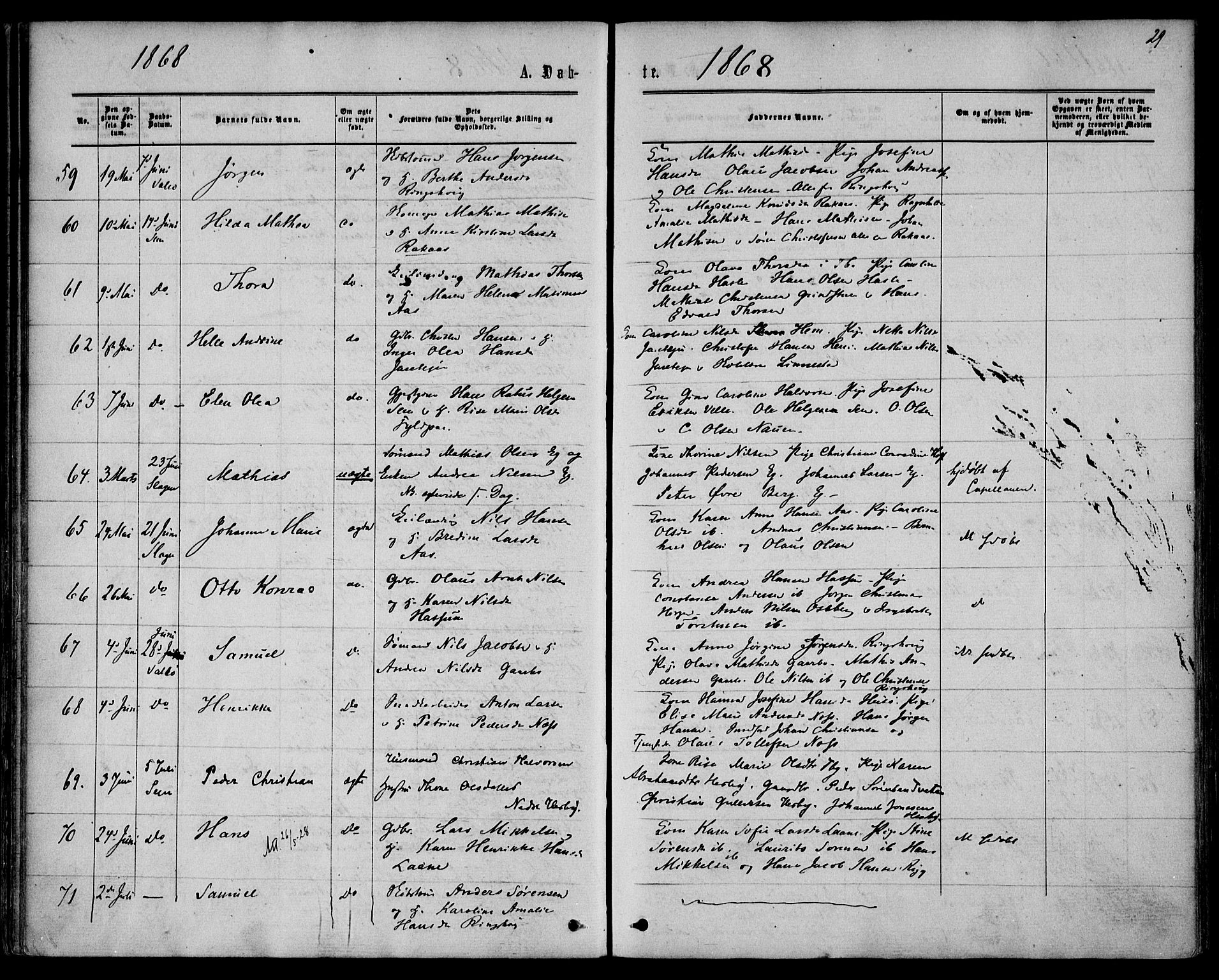 Sem kirkebøker, AV/SAKO-A-5/F/Fa/L0008: Parish register (official) no. I 8, 1866-1873, p. 29