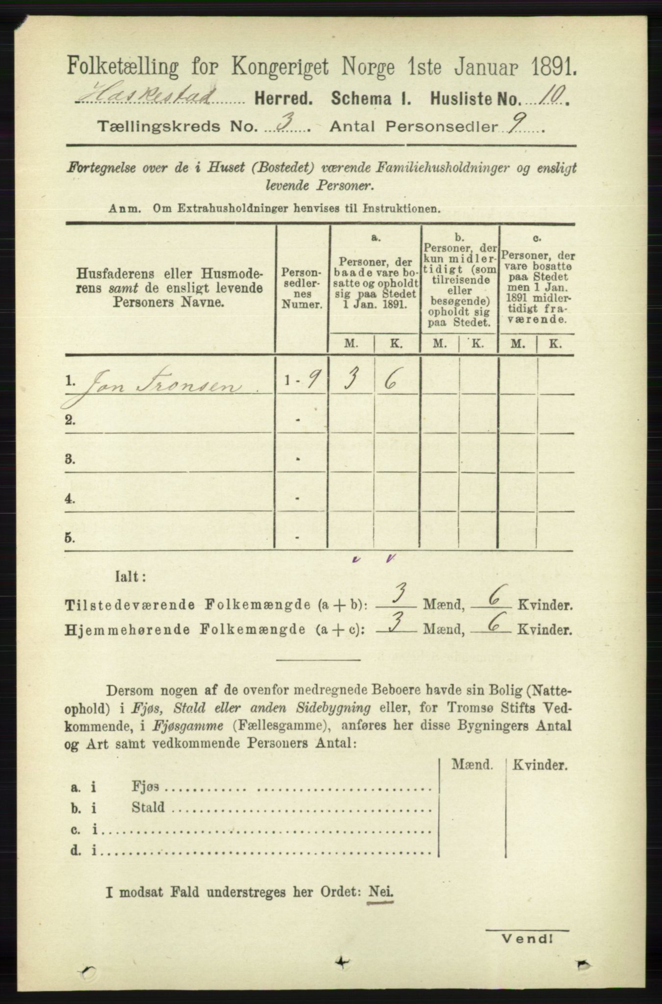 RA, 1891 census for 1113 Heskestad, 1891, p. 401