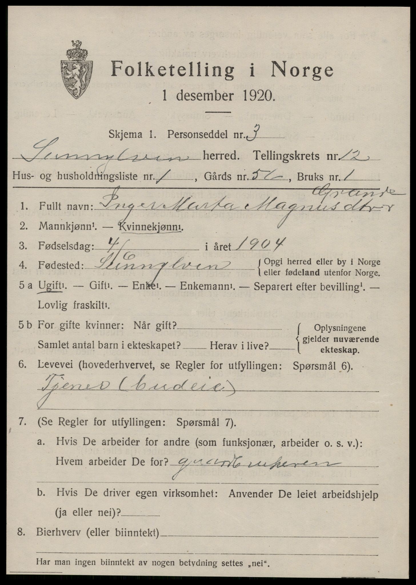 SAT, 1920 census for Sunnylven, 1920, p. 3244