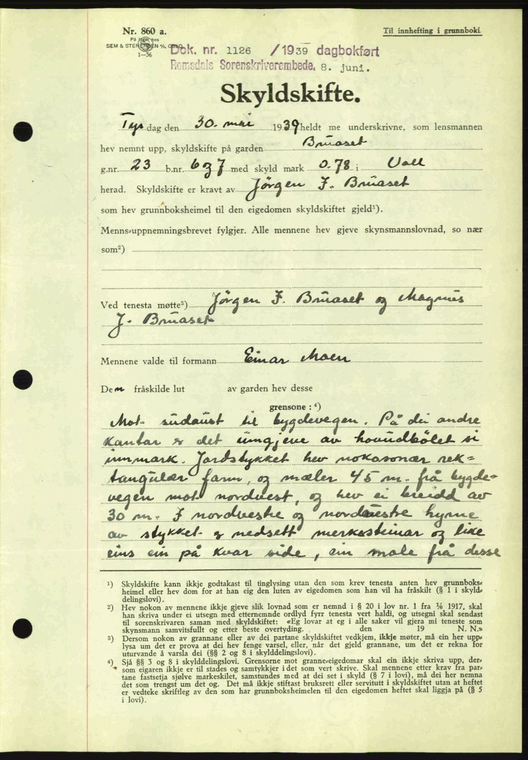 Romsdal sorenskriveri, AV/SAT-A-4149/1/2/2C: Mortgage book no. A7, 1939-1939, Diary no: : 1126/1939