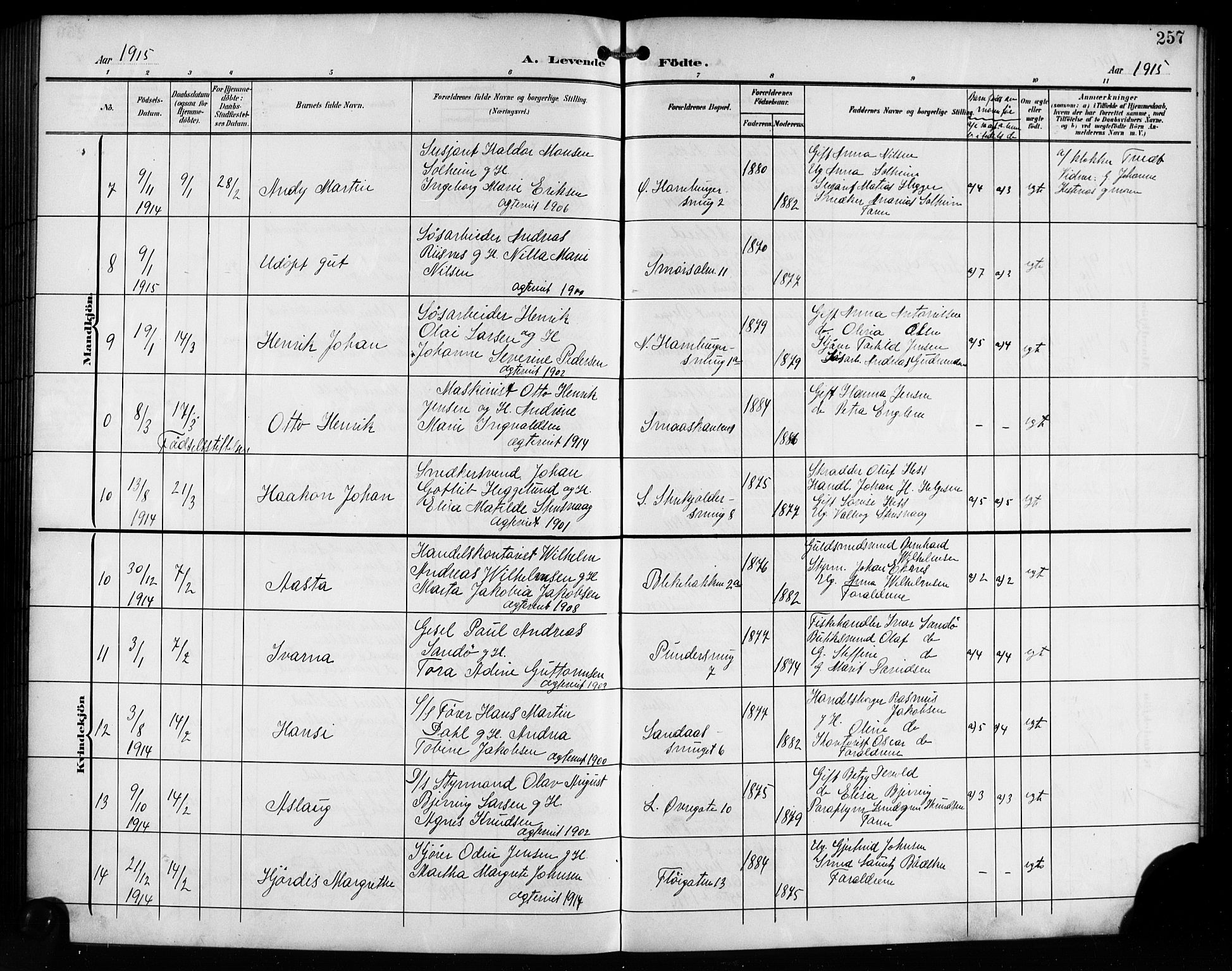 Korskirken sokneprestembete, AV/SAB-A-76101/H/Hab: Parish register (copy) no. B 11, 1905-1916, p. 257