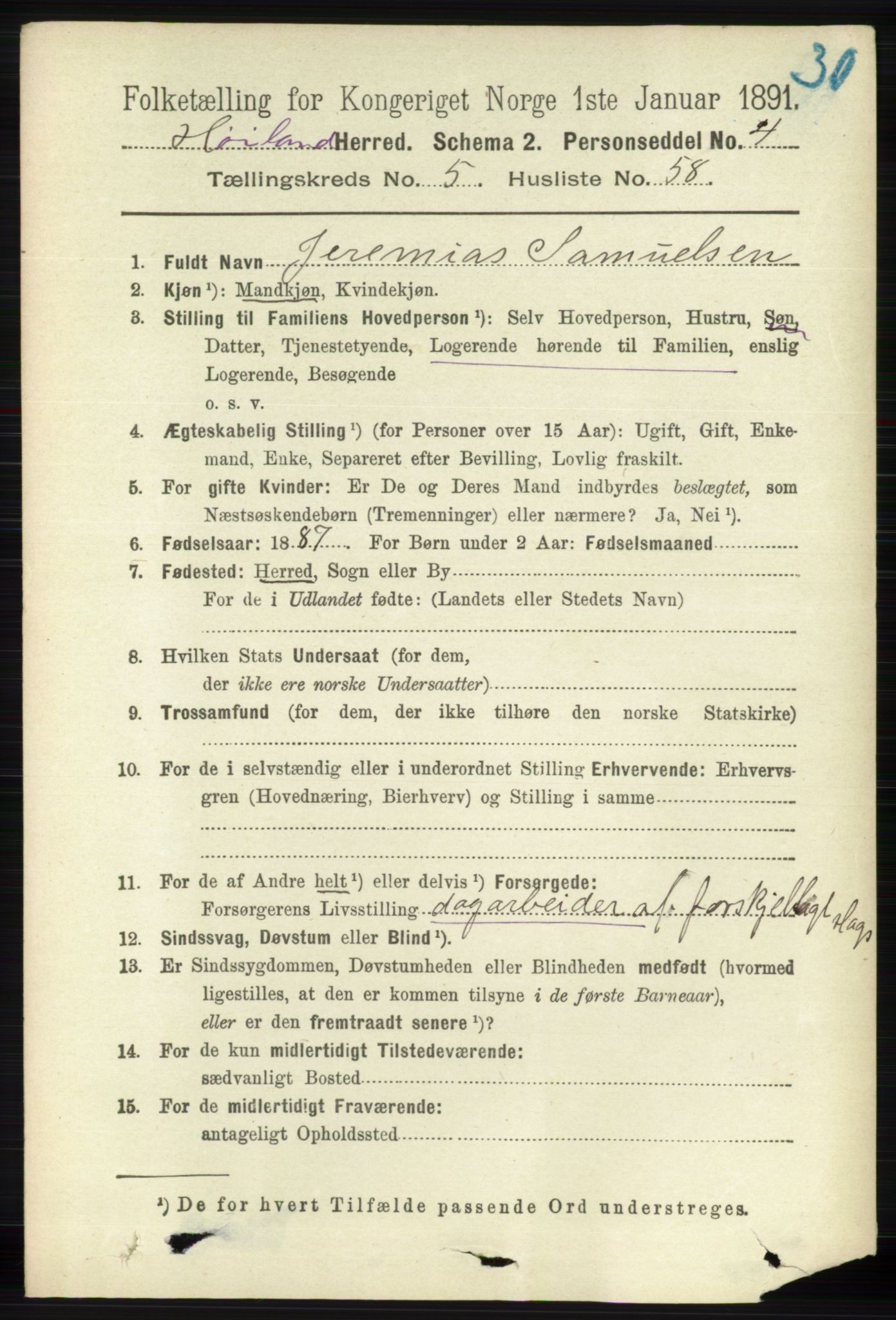 RA, 1891 census for 1123 Høyland, 1891, p. 1916