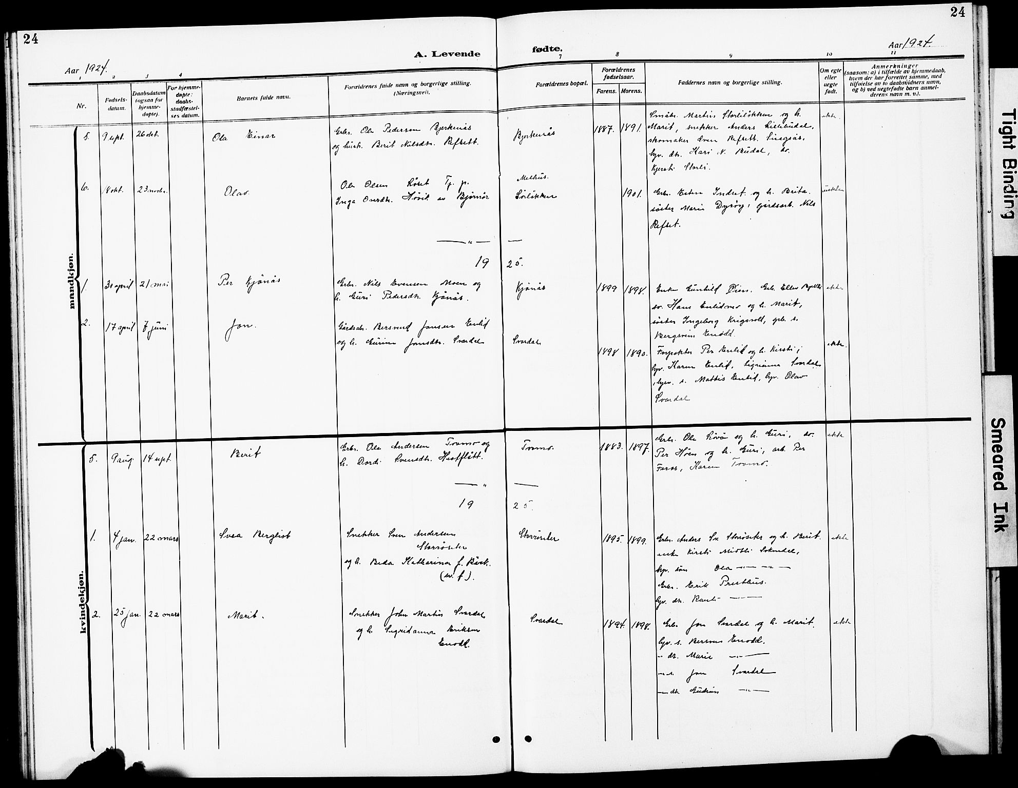 Ministerialprotokoller, klokkerbøker og fødselsregistre - Sør-Trøndelag, AV/SAT-A-1456/690/L1052: Parish register (copy) no. 690C02, 1907-1929, p. 24