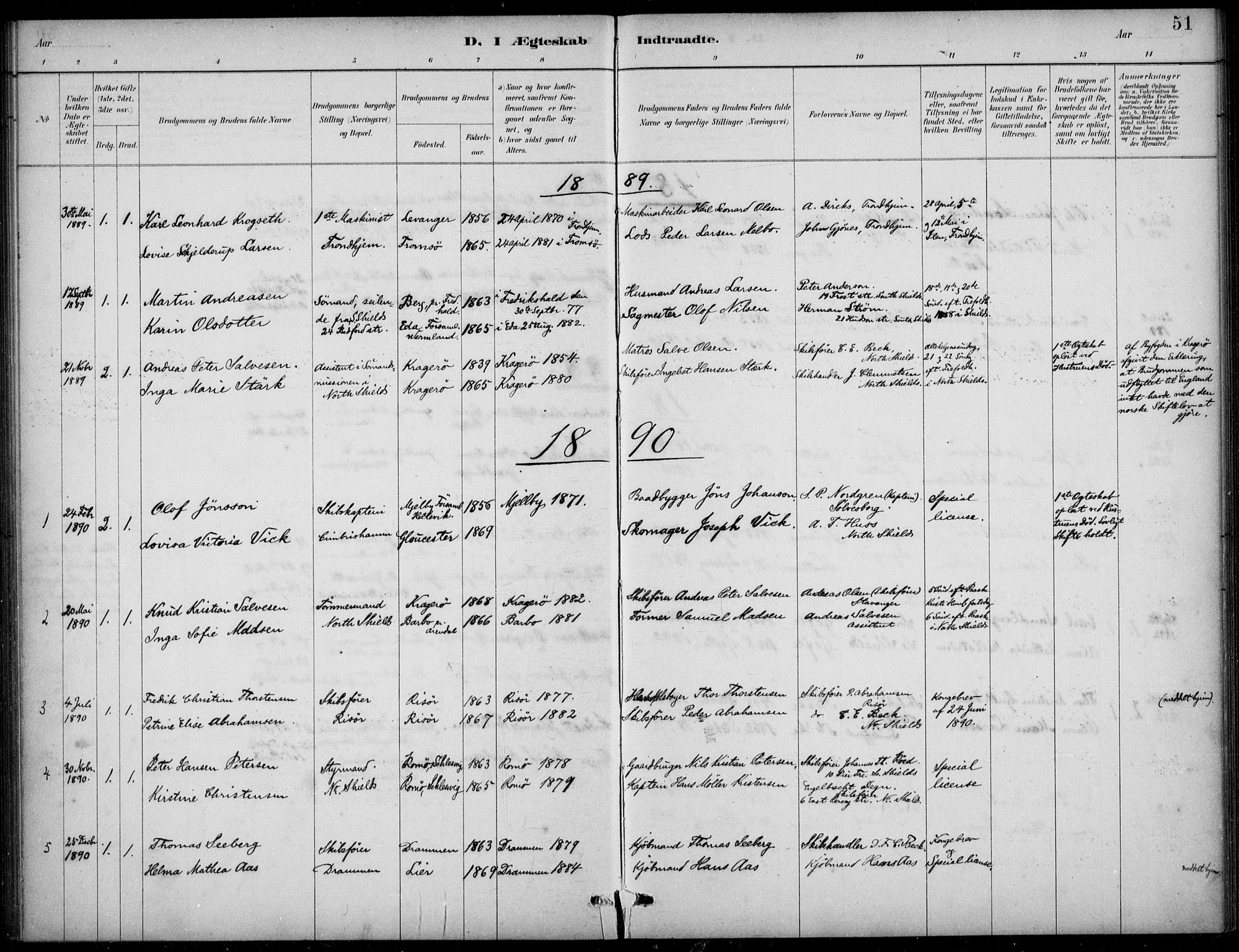 Den norske sjømannsmisjon i utlandet/Tyne-havnene (North Shields og New Castle), SAB/SAB/PA-0101/H/Ha/L0002: Parish register (official) no. A 2, 1883-1938, p. 51
