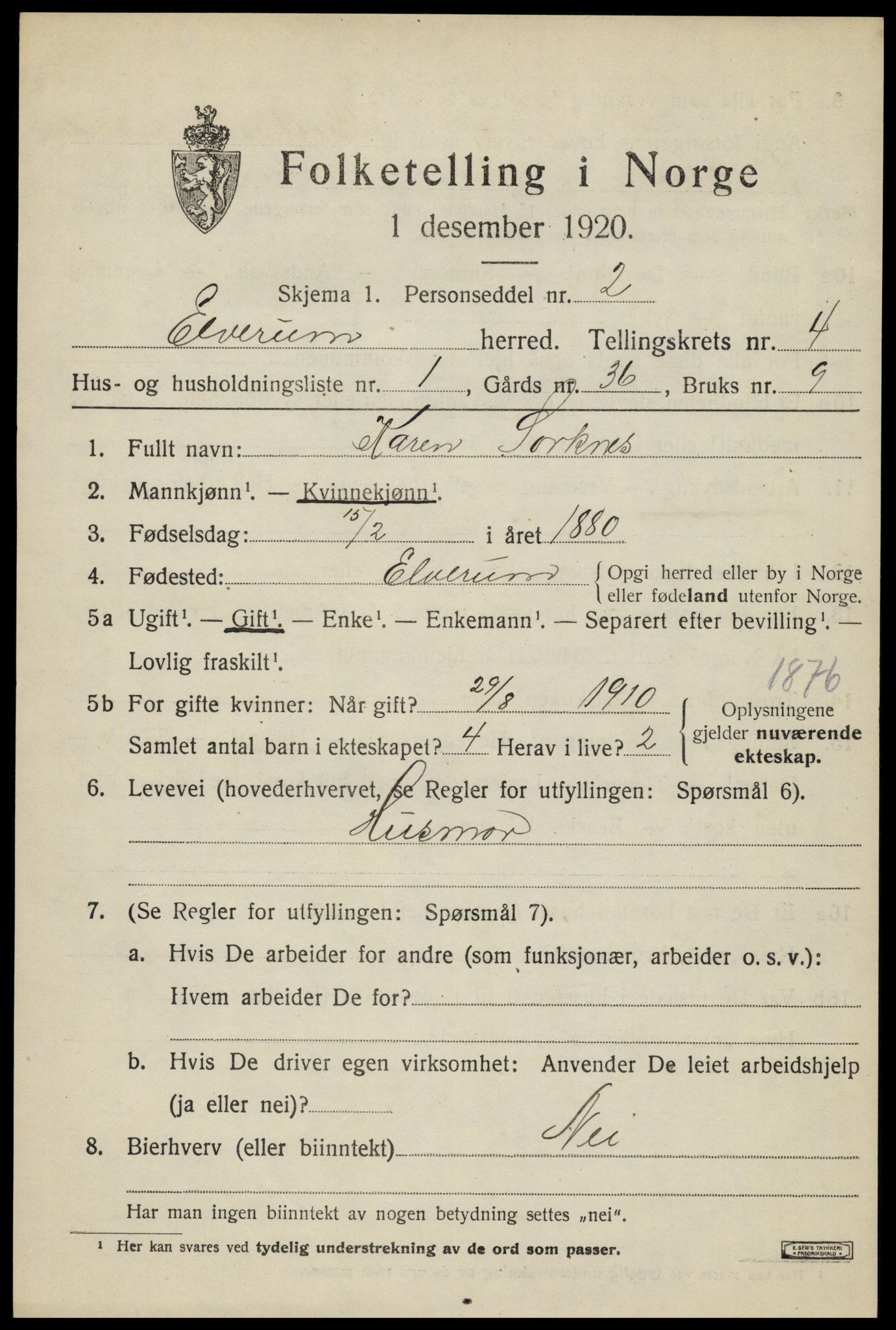 SAH, 1920 census for Elverum, 1920, p. 6648