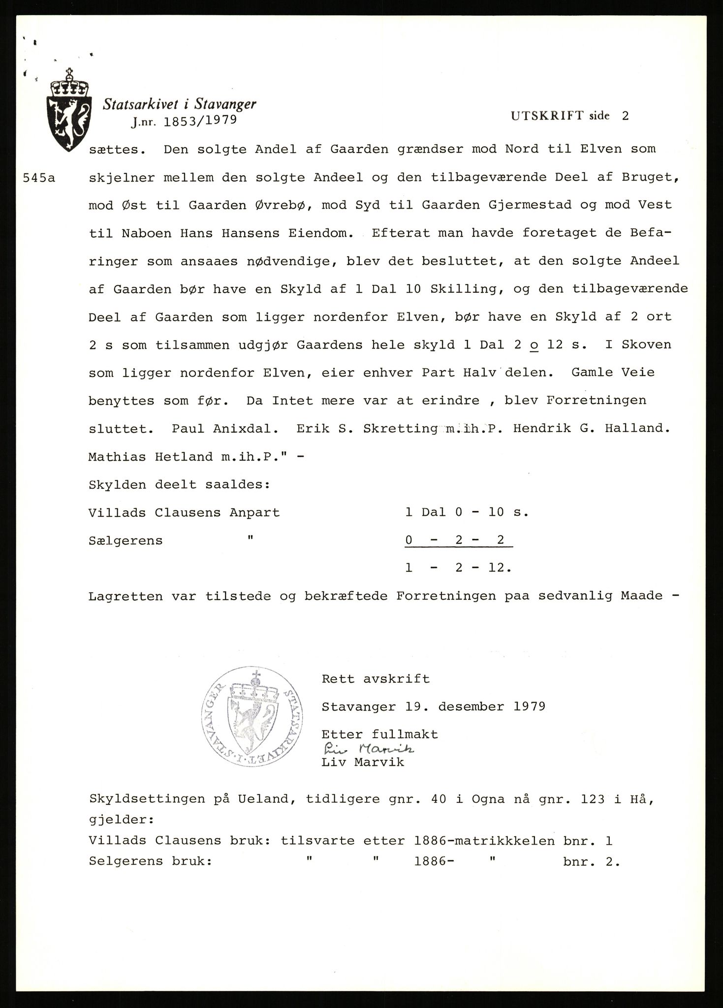 Statsarkivet i Stavanger, AV/SAST-A-101971/03/Y/Yj/L0090: Avskrifter sortert etter gårdsnavn: Tøtland - Underberge, 1750-1930, p. 354