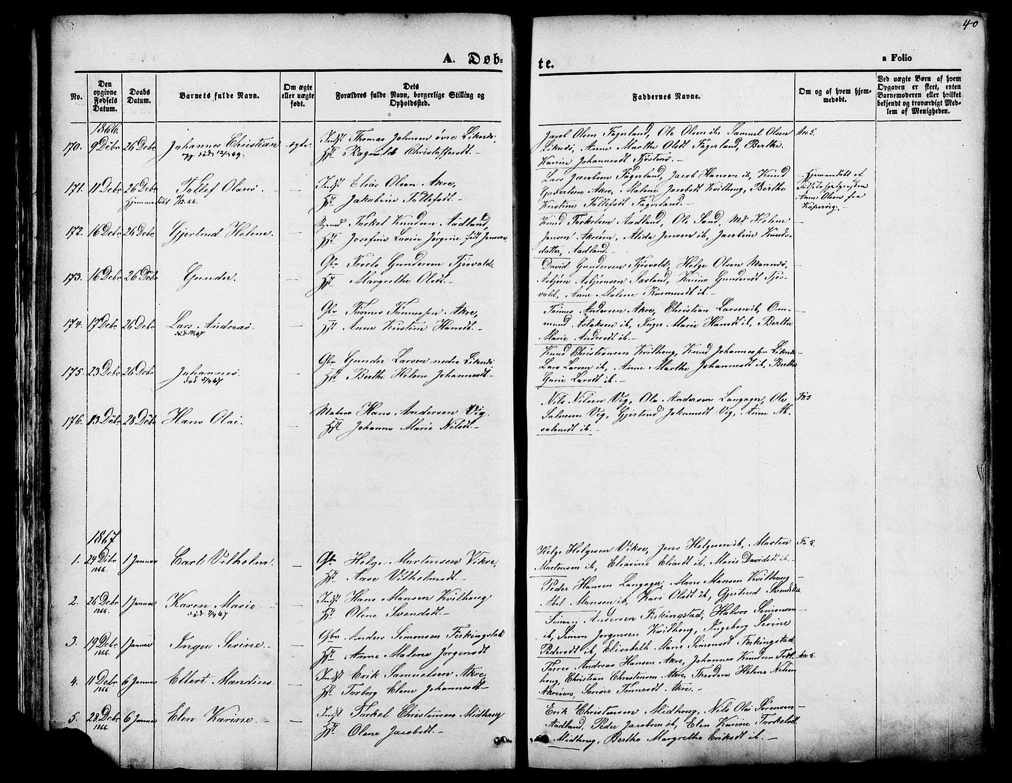 Skudenes sokneprestkontor, AV/SAST-A -101849/H/Ha/Haa/L0006: Parish register (official) no. A 4, 1864-1881, p. 40