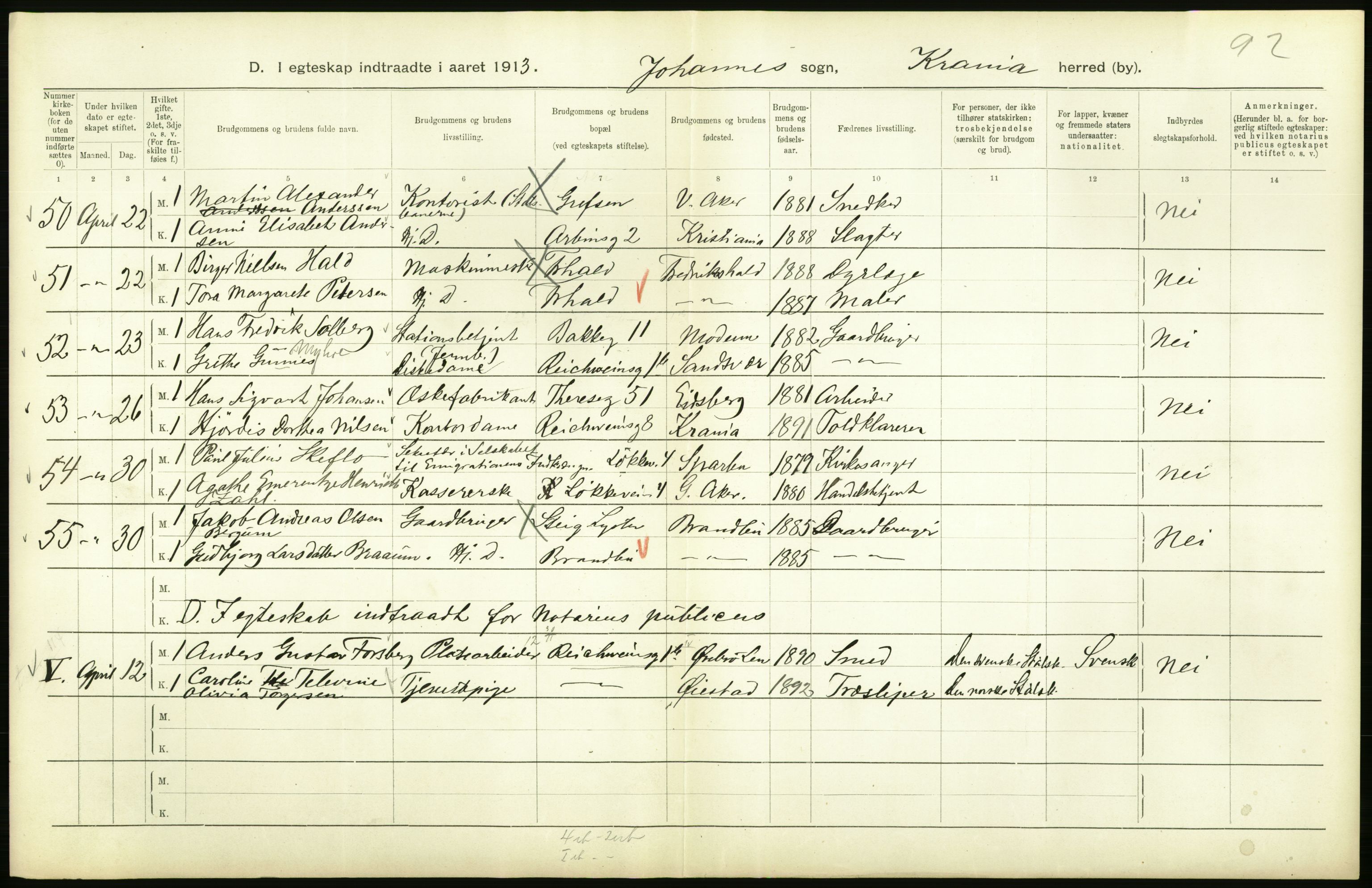 Statistisk sentralbyrå, Sosiodemografiske emner, Befolkning, AV/RA-S-2228/D/Df/Dfb/Dfbc/L0008: Kristiania: Gifte., 1913, p. 742