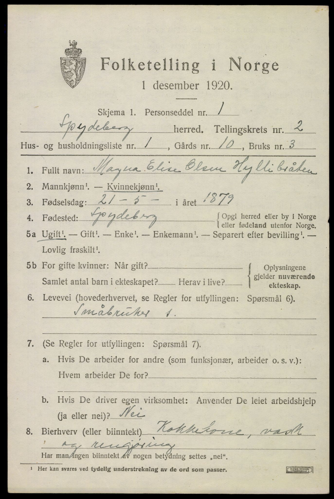 SAO, 1920 census for Spydeberg, 1920, p. 2807