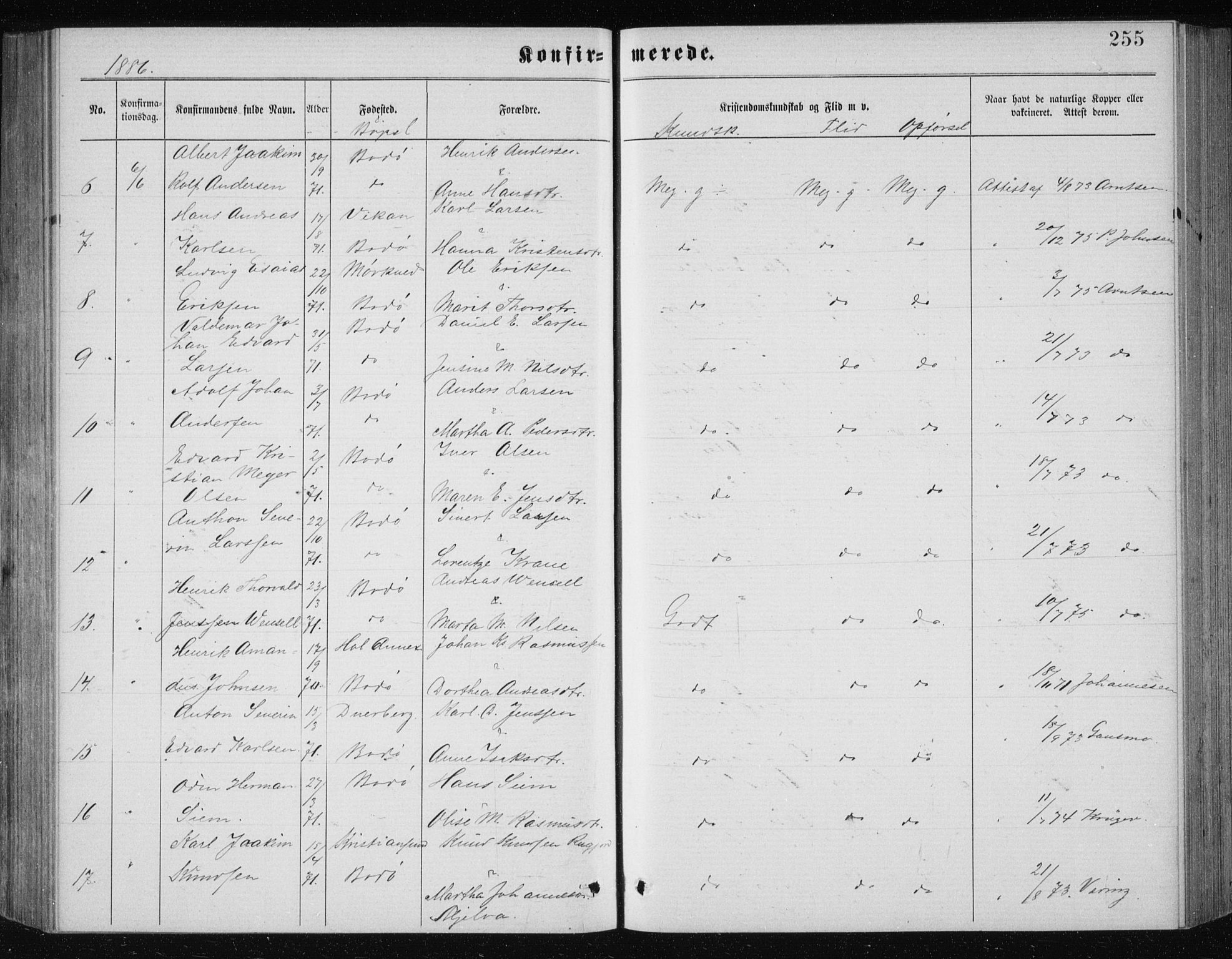 Ministerialprotokoller, klokkerbøker og fødselsregistre - Nordland, AV/SAT-A-1459/801/L0031: Parish register (copy) no. 801C06, 1883-1887, p. 255