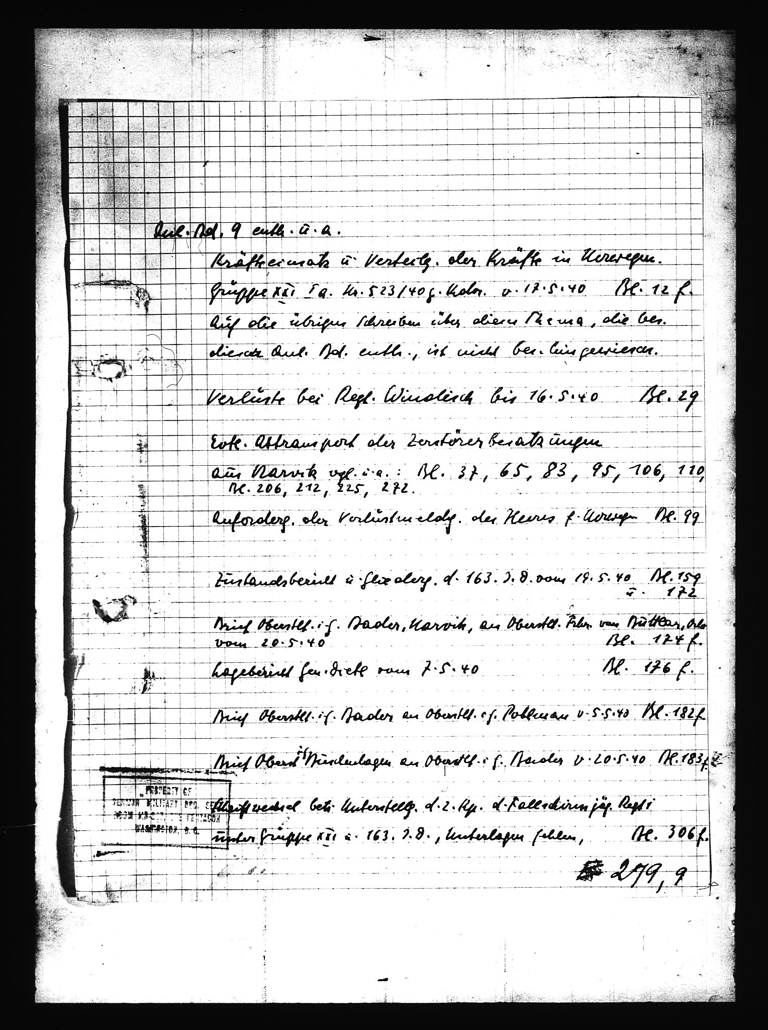 Documents Section, RA/RAFA-2200/V/L0079: Amerikansk mikrofilm "Captured German Documents".
Box No. 718.  FKA jnr. 601/1954., 1940, p. 2