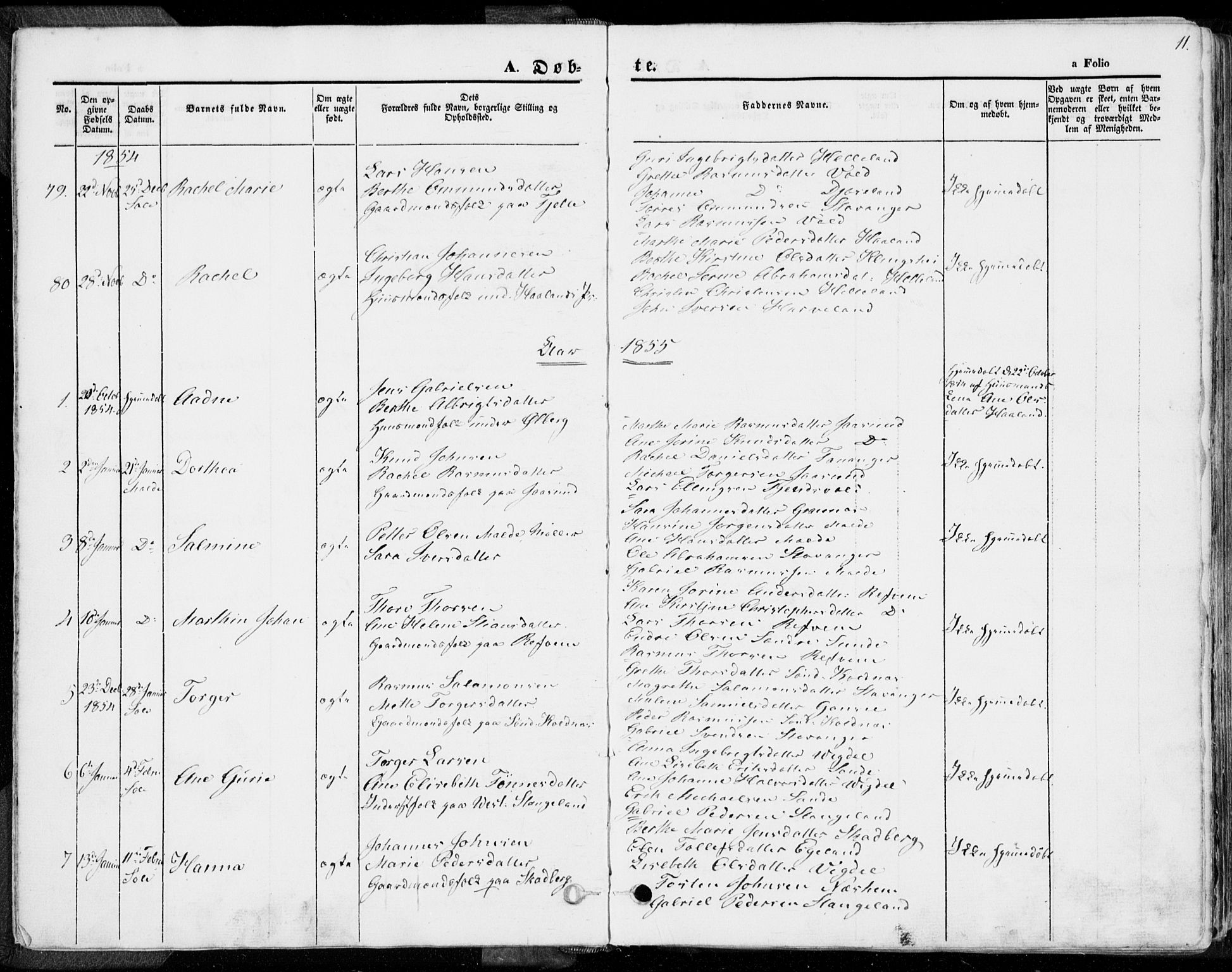 Håland sokneprestkontor, SAST/A-101802/001/30BA/L0007: Parish register (official) no. A 7.1, 1854-1870, p. 11