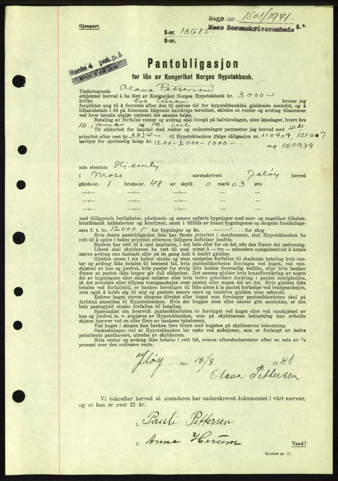 Moss sorenskriveri, AV/SAO-A-10168: Mortgage book no. B11, 1941-1942, Diary no: : 1501/1941