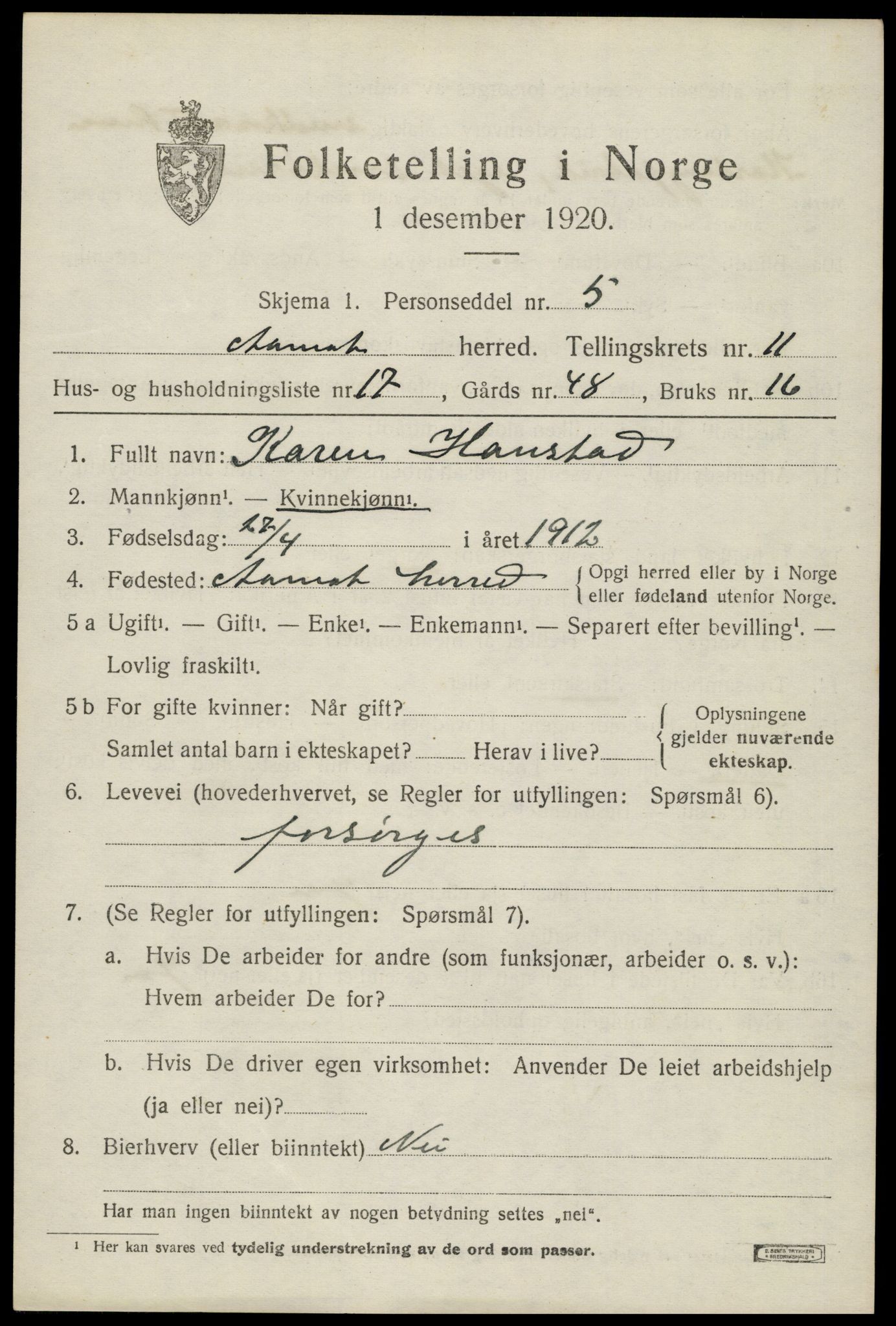 SAH, 1920 census for Åmot, 1920, p. 9581