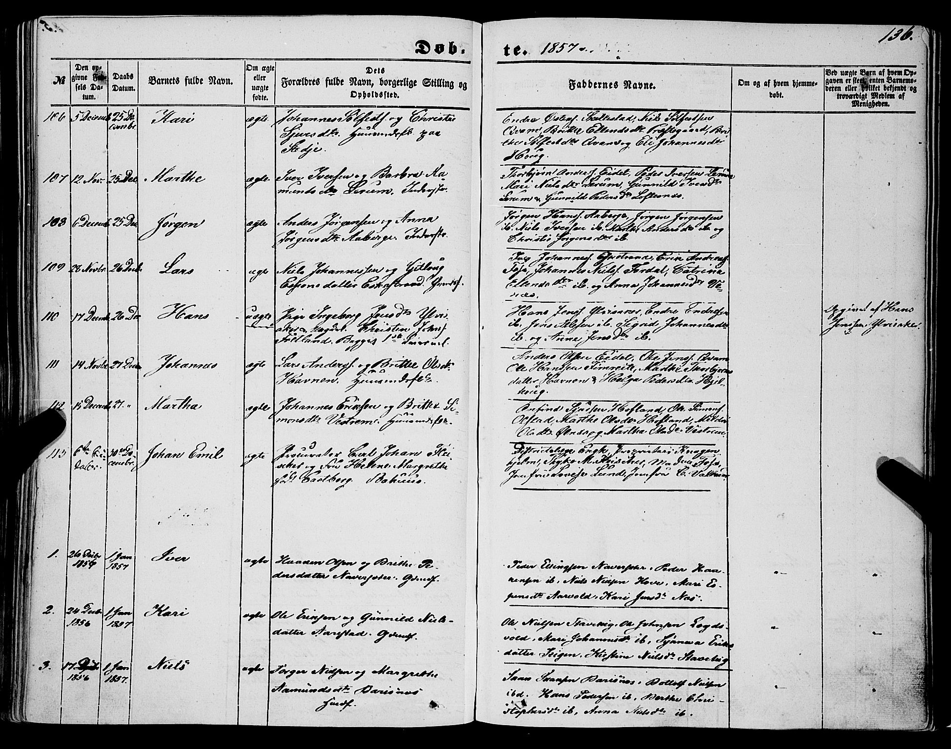 Sogndal sokneprestembete, AV/SAB-A-81301/H/Haa/Haaa/L0012I: Parish register (official) no. A 12I, 1847-1859, p. 136