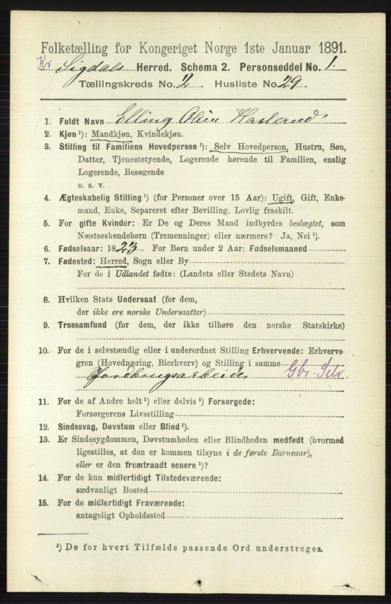 RA, 1891 census for 0621 Sigdal, 1891, p. 5510
