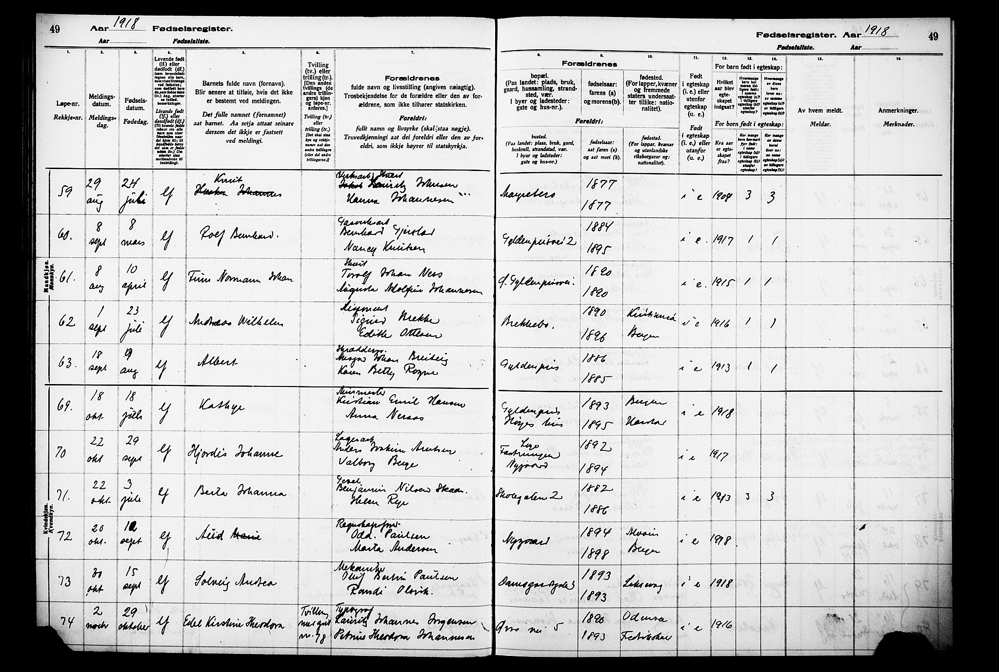 Laksevåg Sokneprestembete, AV/SAB-A-76501/I/Id/L00A1: Birth register no. A 1, 1916-1926, p. 49