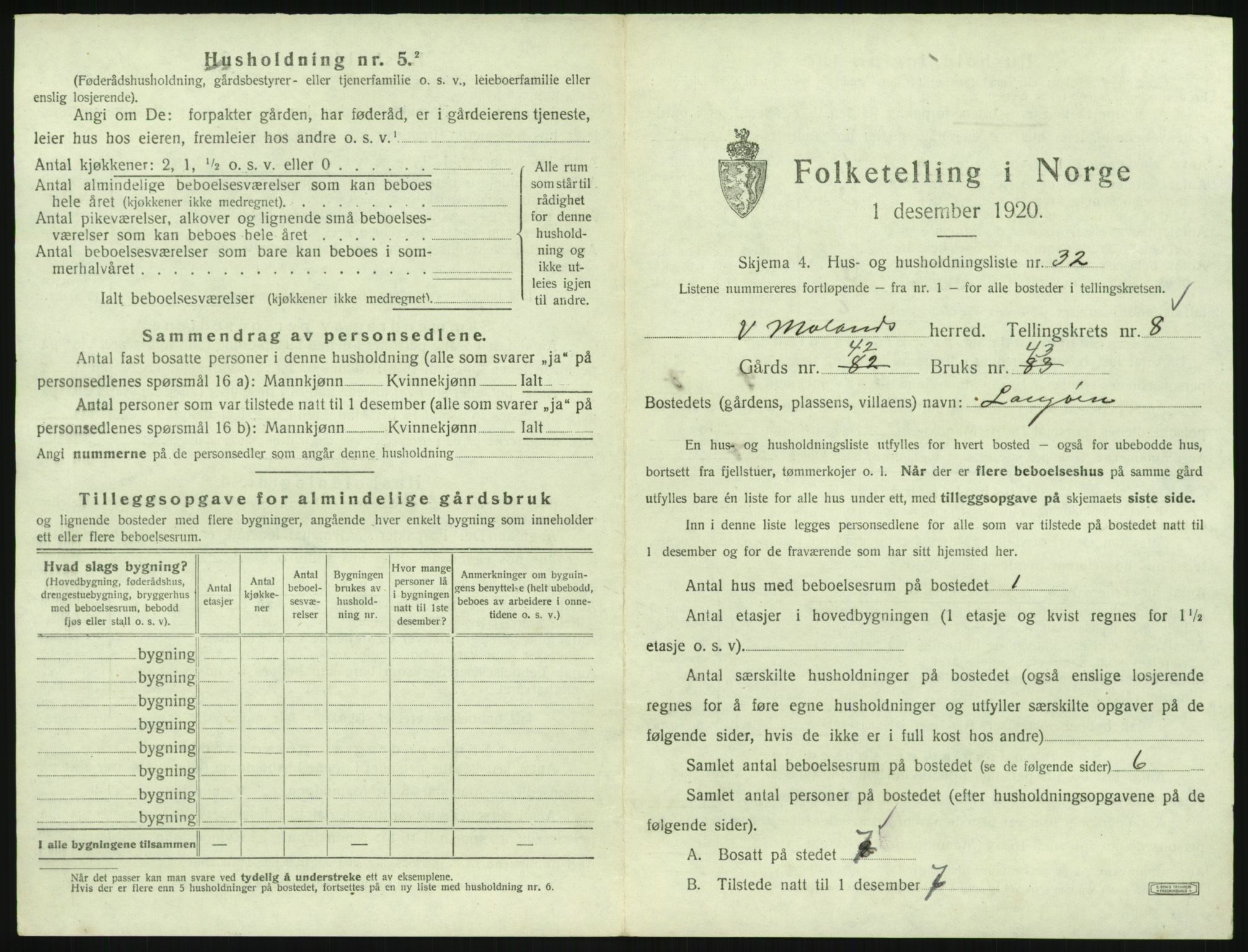 SAK, 1920 census for Vestre Moland, 1920, p. 1015
