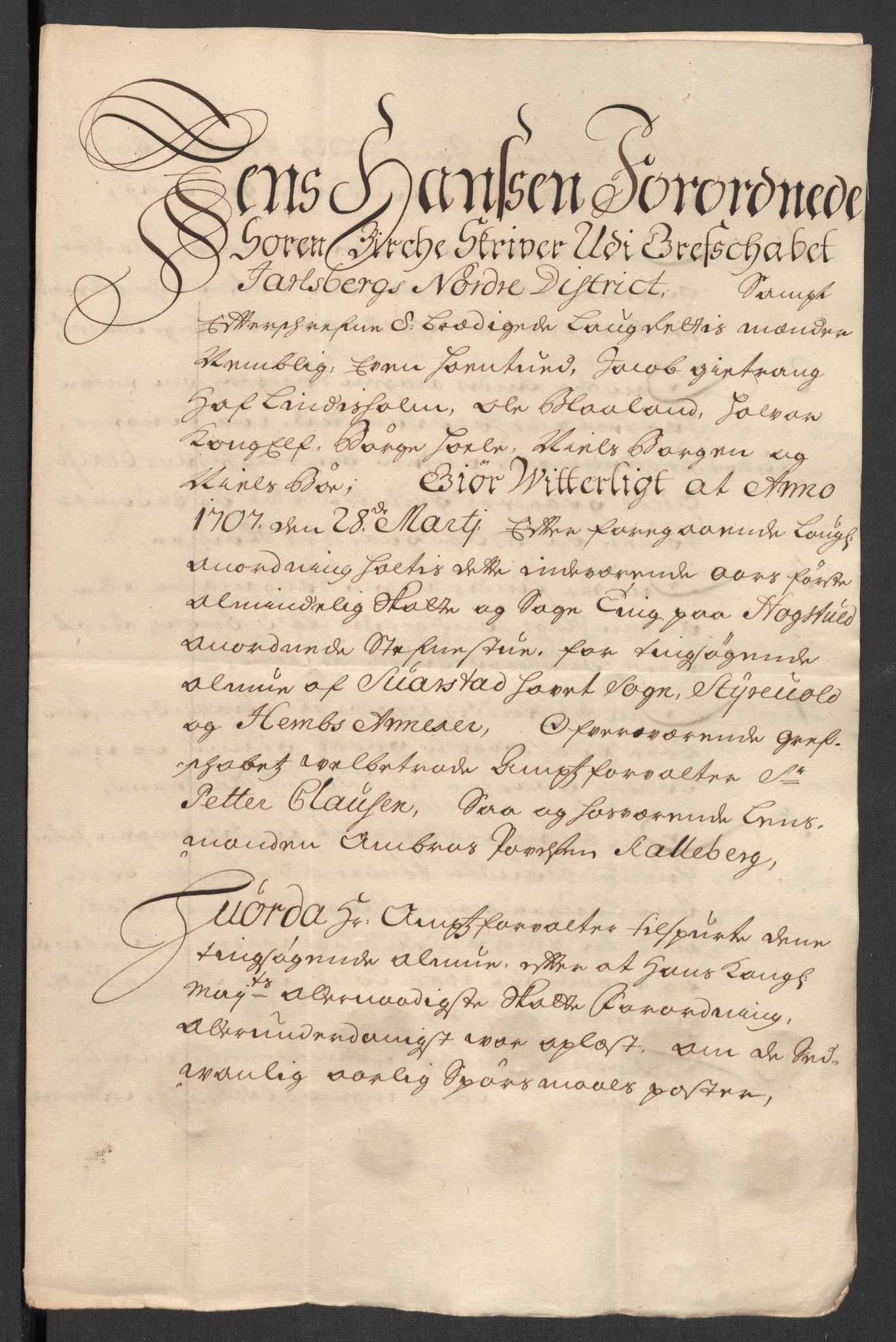 Rentekammeret inntil 1814, Reviderte regnskaper, Fogderegnskap, RA/EA-4092/R32/L1872: Fogderegnskap Jarlsberg grevskap, 1706-1707, p. 405