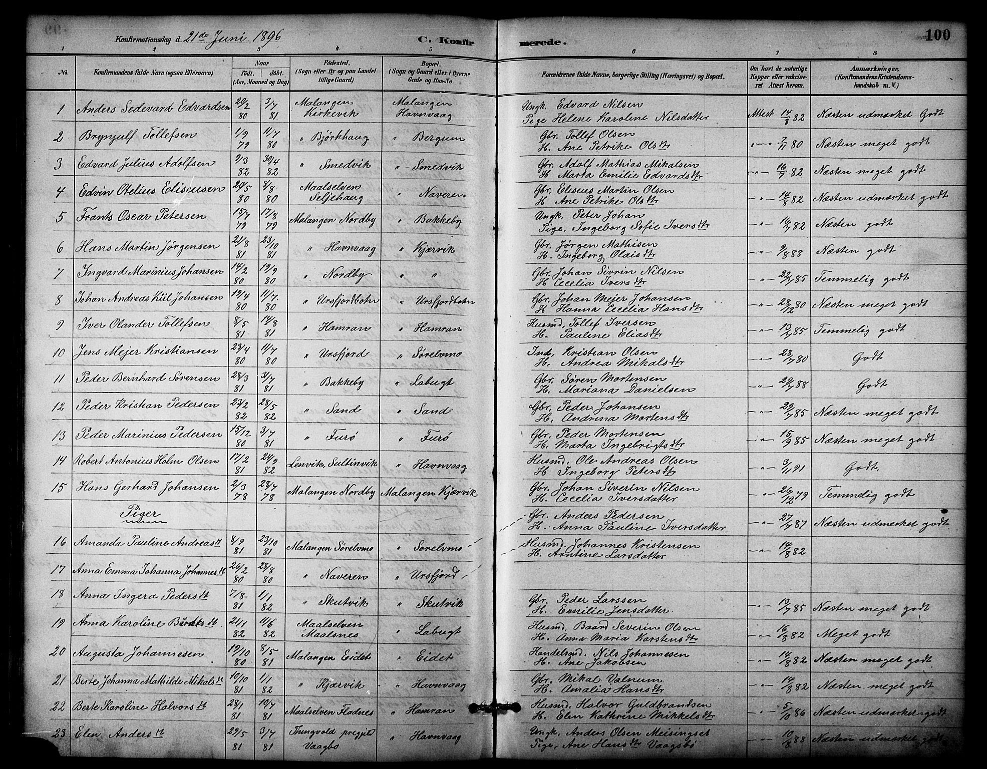 Balsfjord sokneprestembete, AV/SATØ-S-1303/G/Gab/L0003klokker: Parish register (copy) no. 3, 1887-1909, p. 100