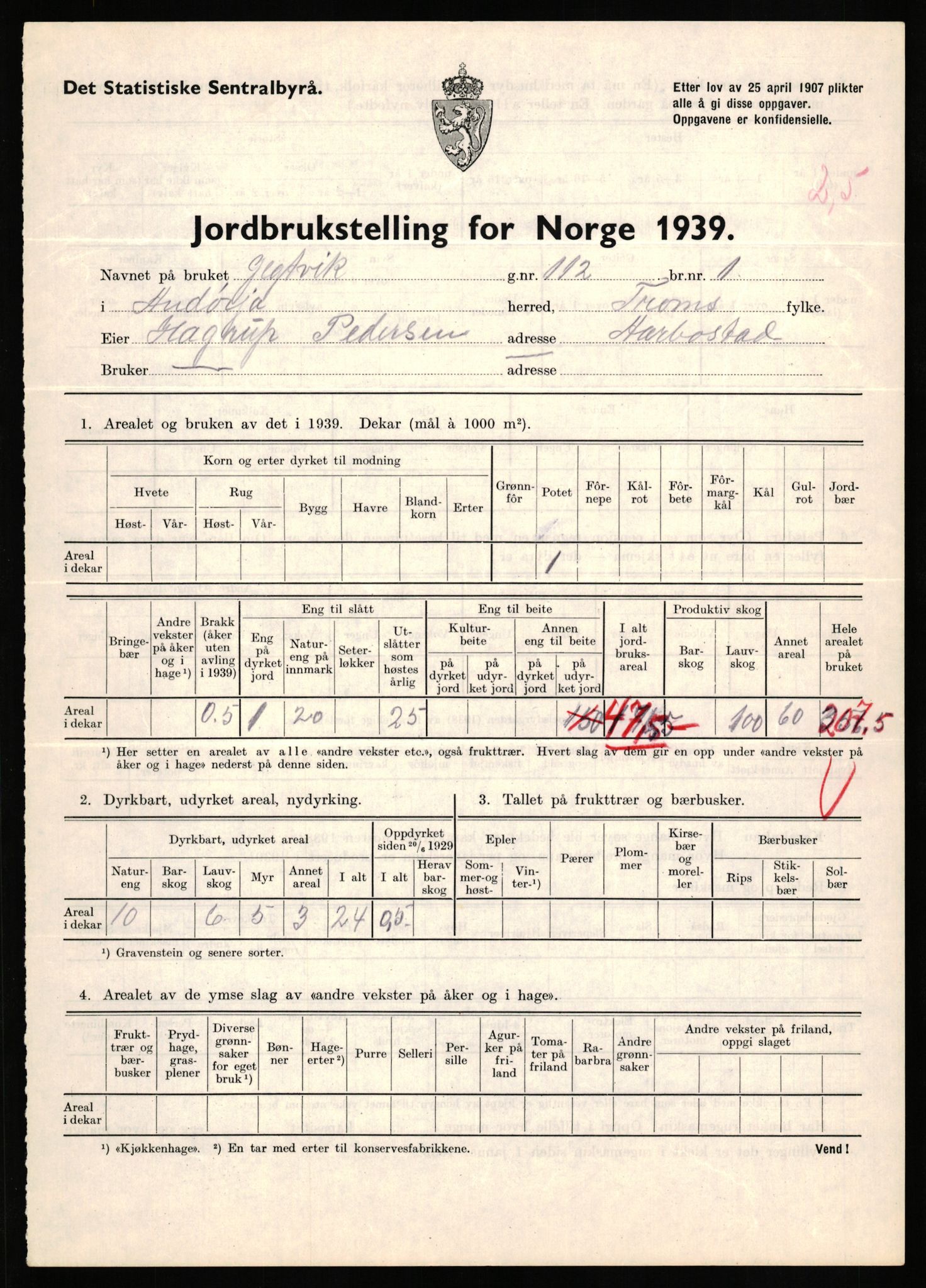 Statistisk sentralbyrå, Næringsøkonomiske emner, Jordbruk, skogbruk, jakt, fiske og fangst, AV/RA-S-2234/G/Gb/L0339: Troms: Andørja, Astafjord og Lavangen, 1939, p. 750