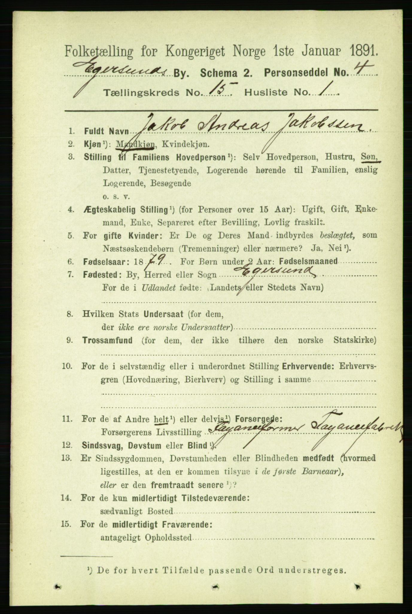 RA, 1891 census for 1101 Egersund, 1891, p. 2797