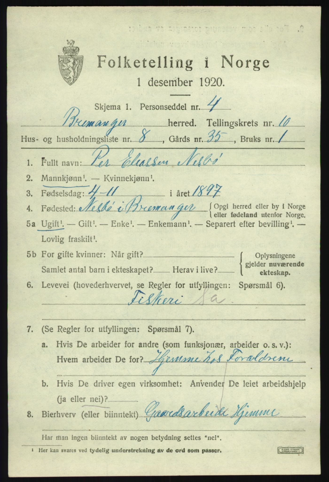 SAB, 1920 census for Bremanger, 1920, p. 5510