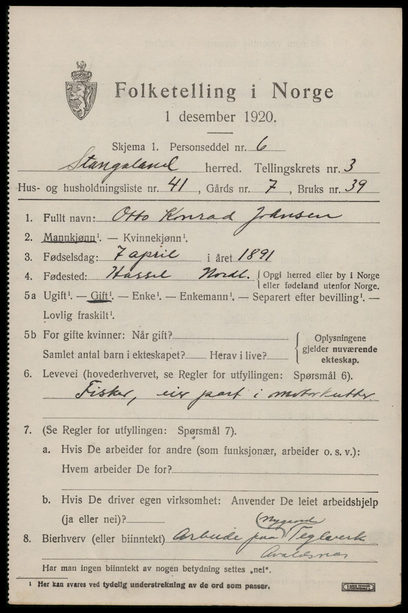 SAST, 1920 census for Stangaland, 1920, p. 2837