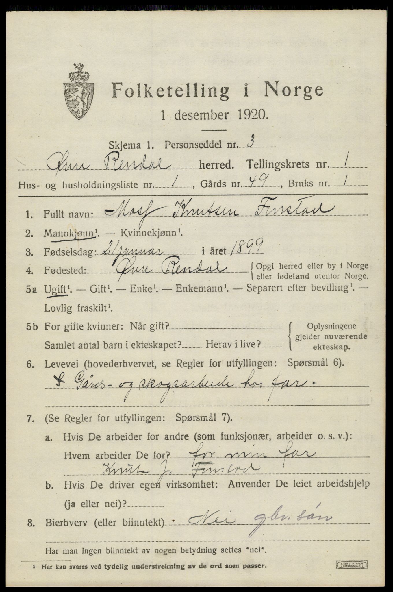 SAH, 1920 census for Øvre Rendal, 1920, p. 687