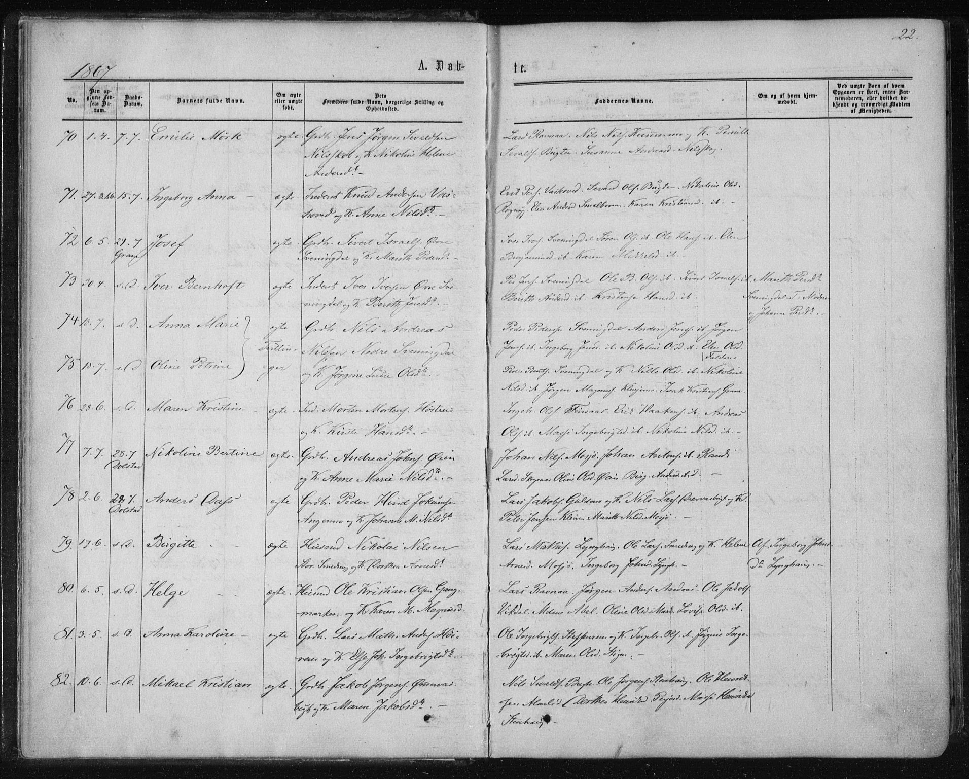 Ministerialprotokoller, klokkerbøker og fødselsregistre - Nordland, AV/SAT-A-1459/820/L0294: Parish register (official) no. 820A15, 1866-1879, p. 22