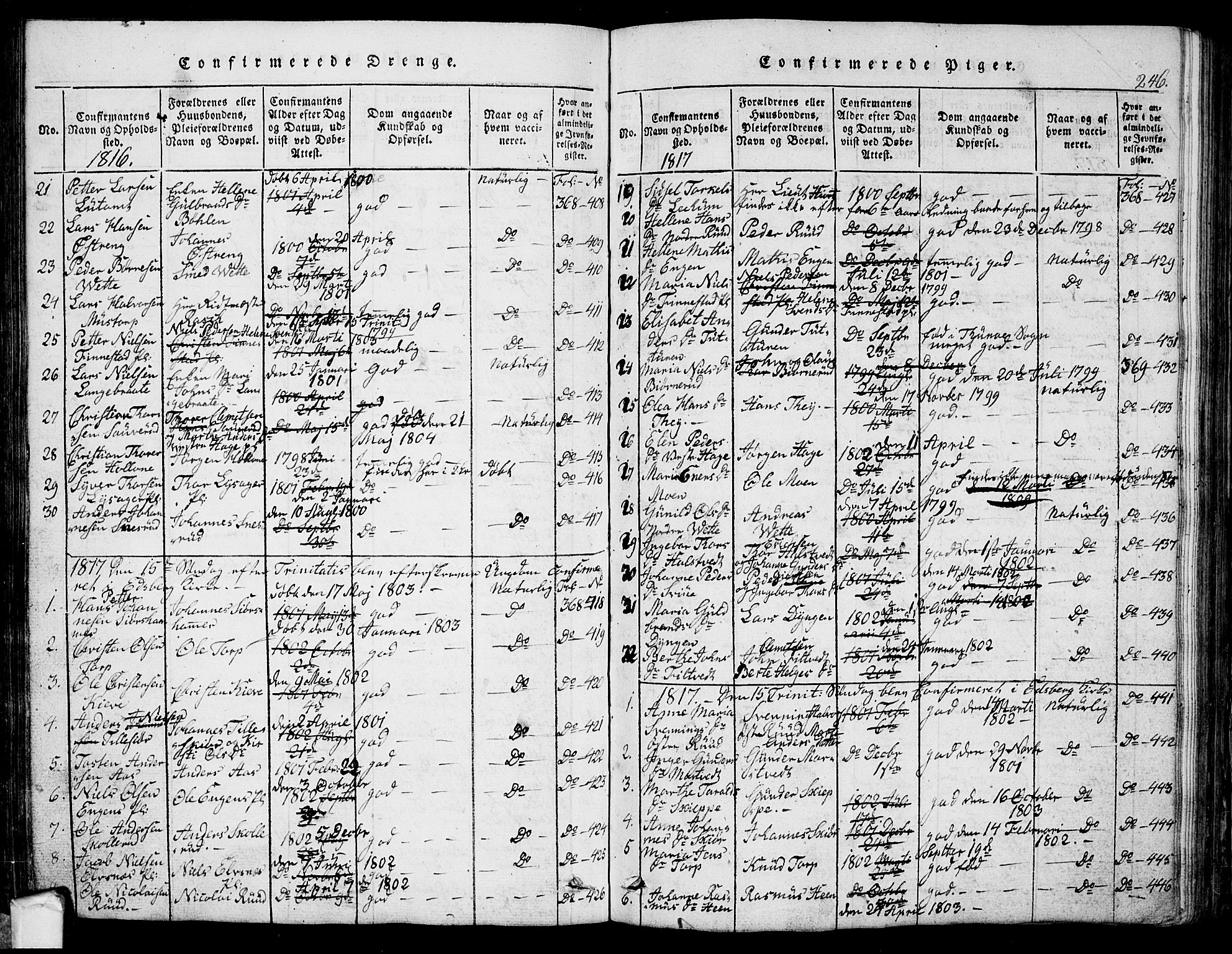 Eidsberg prestekontor Kirkebøker, SAO/A-10905/G/Ga/L0001: Parish register (copy) no. I 1, 1814-1831, p. 246