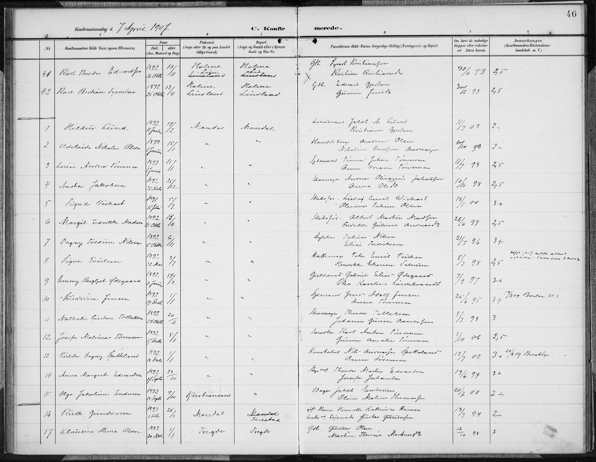 Mandal sokneprestkontor, AV/SAK-1111-0030/F/Fa/Faa/L0019: Parish register (official) no. A 19, 1902-1912, p. 46