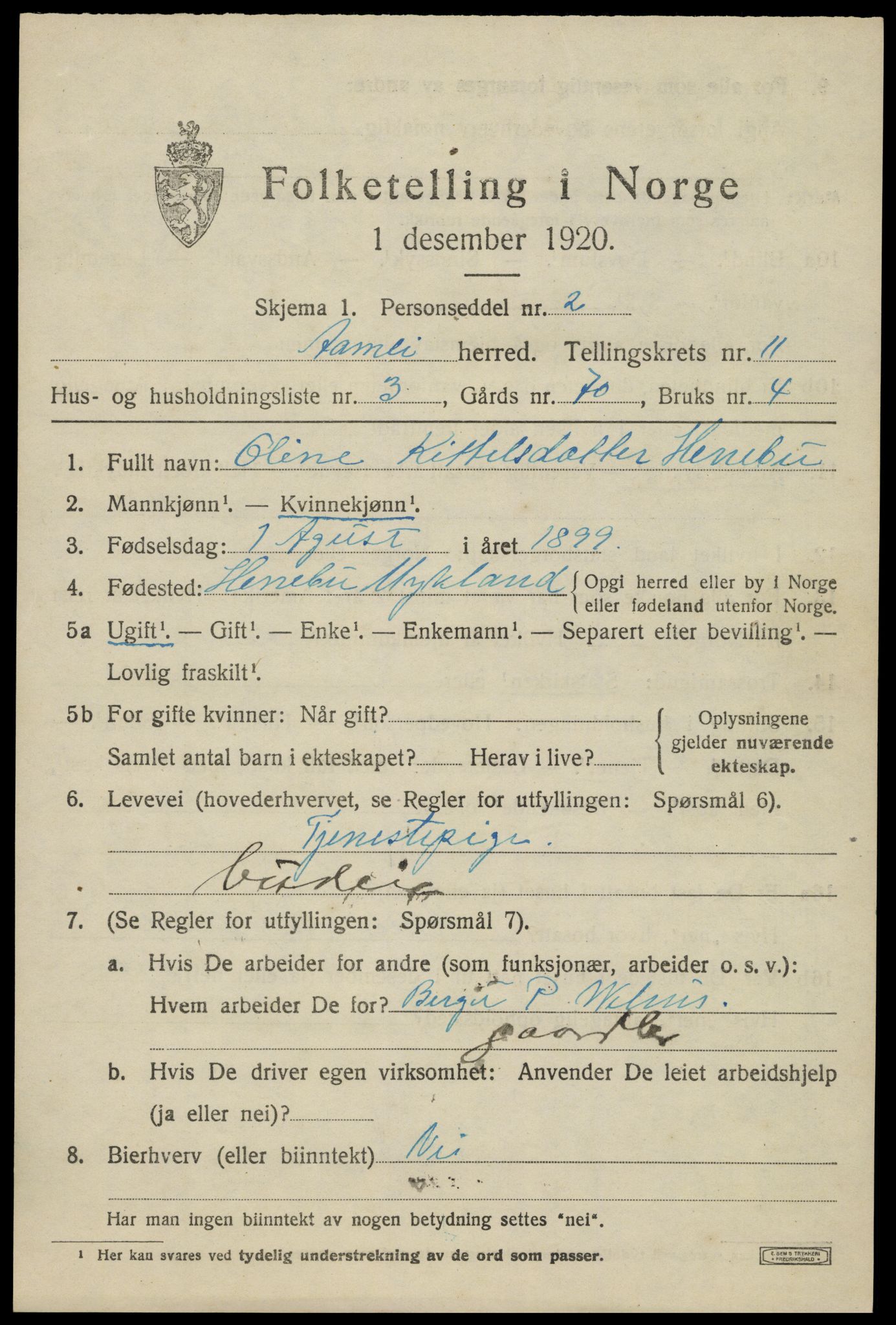 SAK, 1920 census for Åmli, 1920, p. 4225