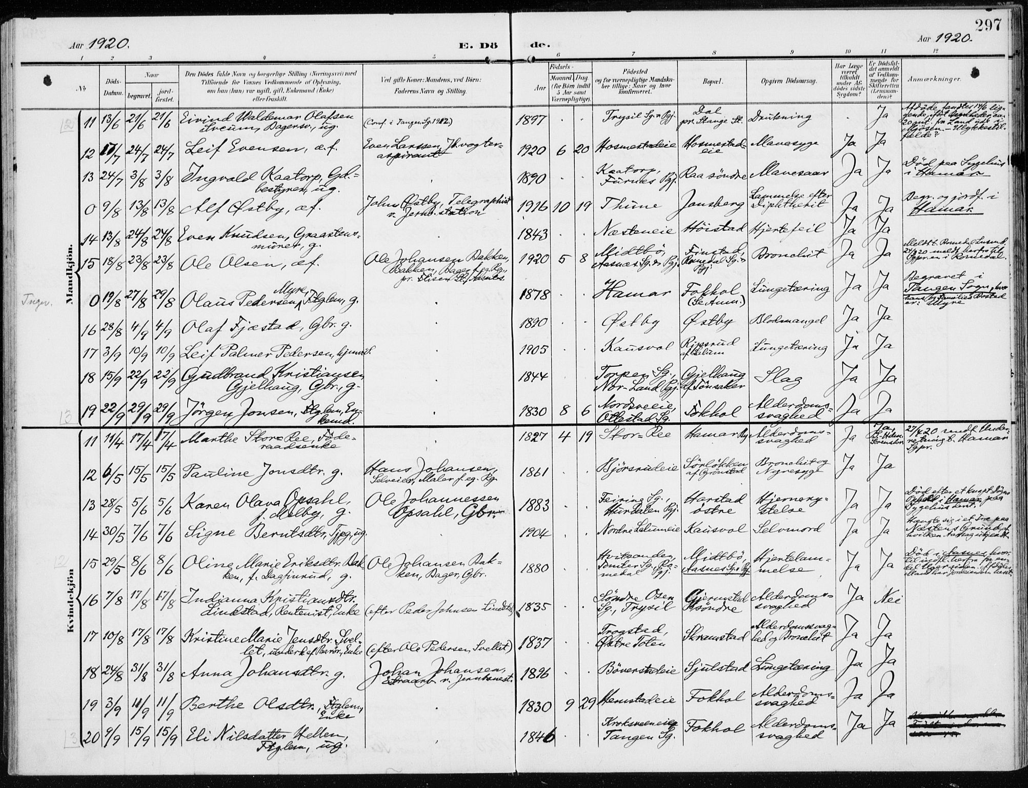 Stange prestekontor, AV/SAH-PREST-002/K/L0024: Parish register (official) no. 24, 1906-1922, p. 297