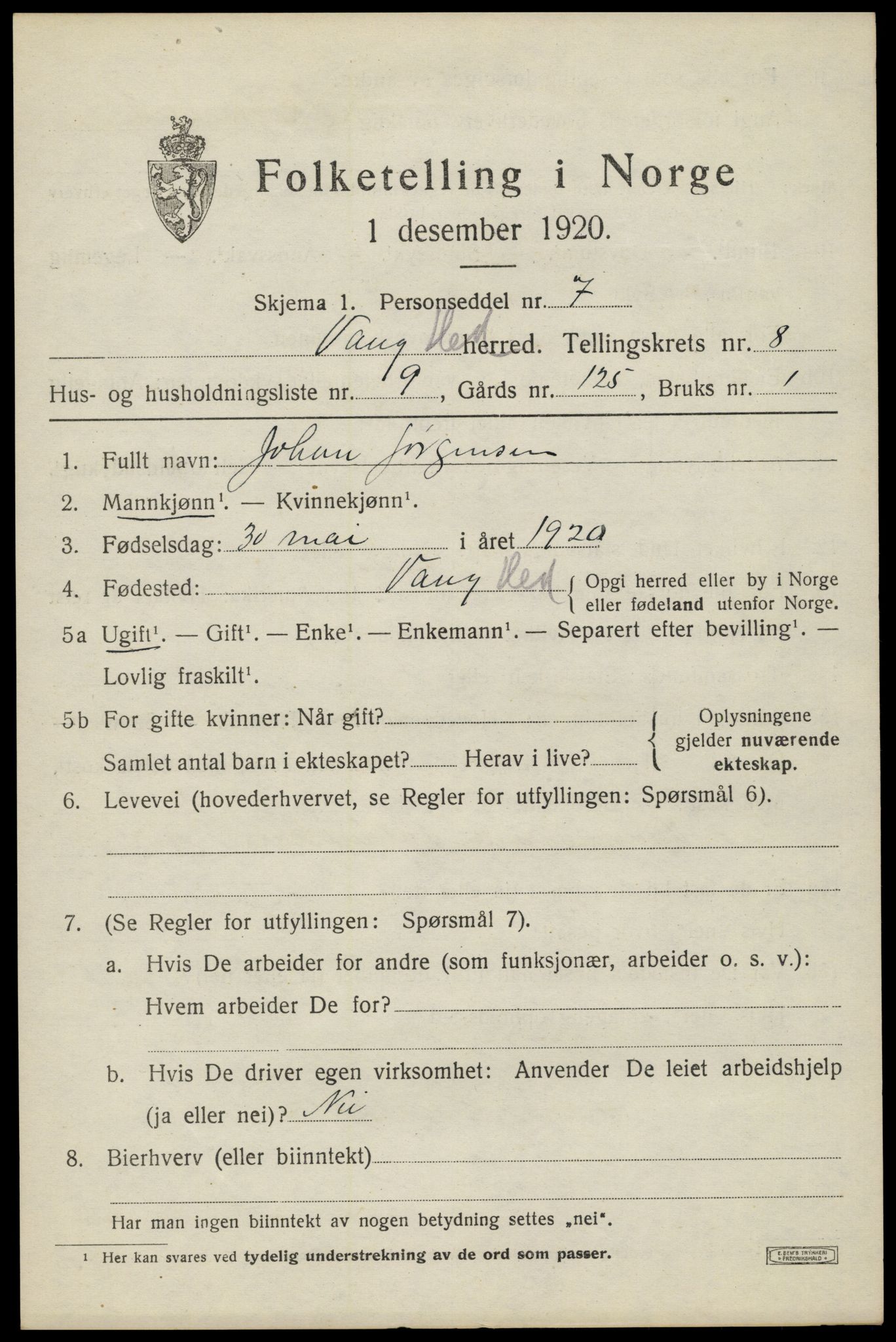 SAH, 1920 census for Vang (Hedmark), 1920, p. 17545