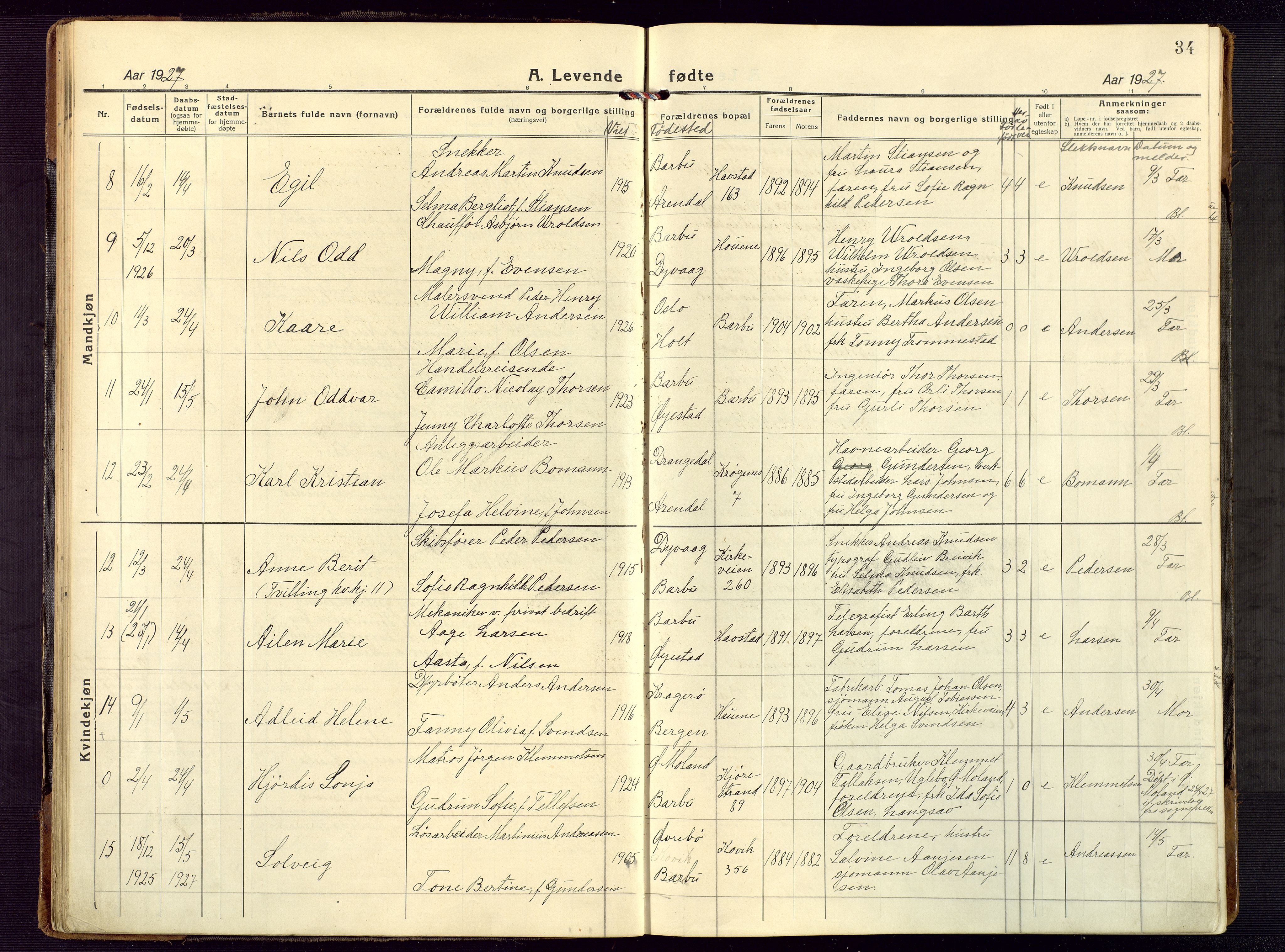 Barbu sokneprestkontor, AV/SAK-1111-0003/F/Fb/L0005: Parish register (copy) no. B 5, 1923-1946, p. 34