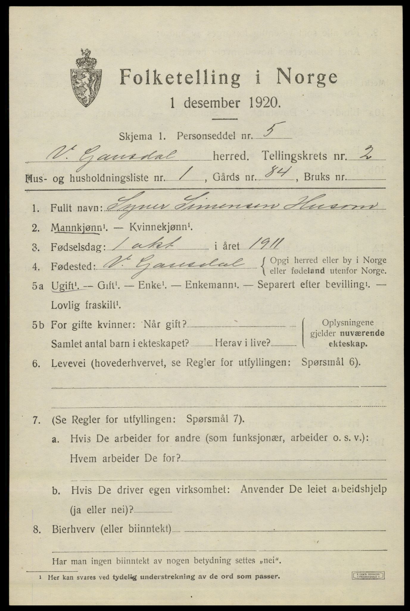 SAH, 1920 census for Vestre Gausdal, 1920, p. 1747