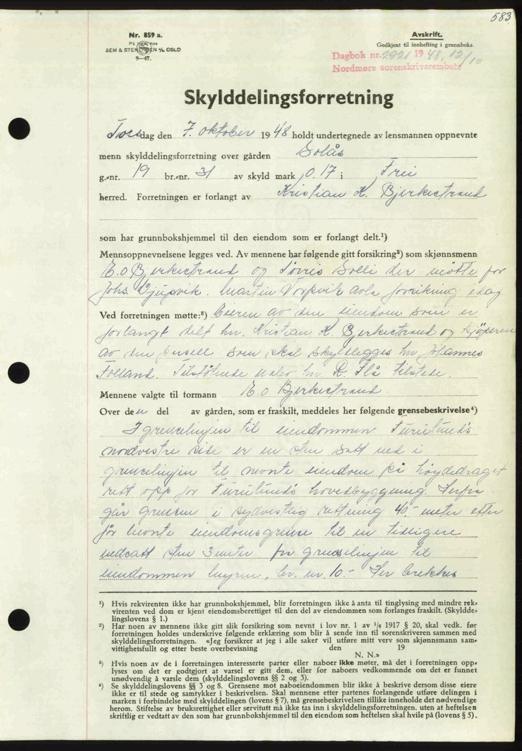 Nordmøre sorenskriveri, AV/SAT-A-4132/1/2/2Ca: Mortgage book no. A109, 1948-1948, Diary no: : 2921/1948